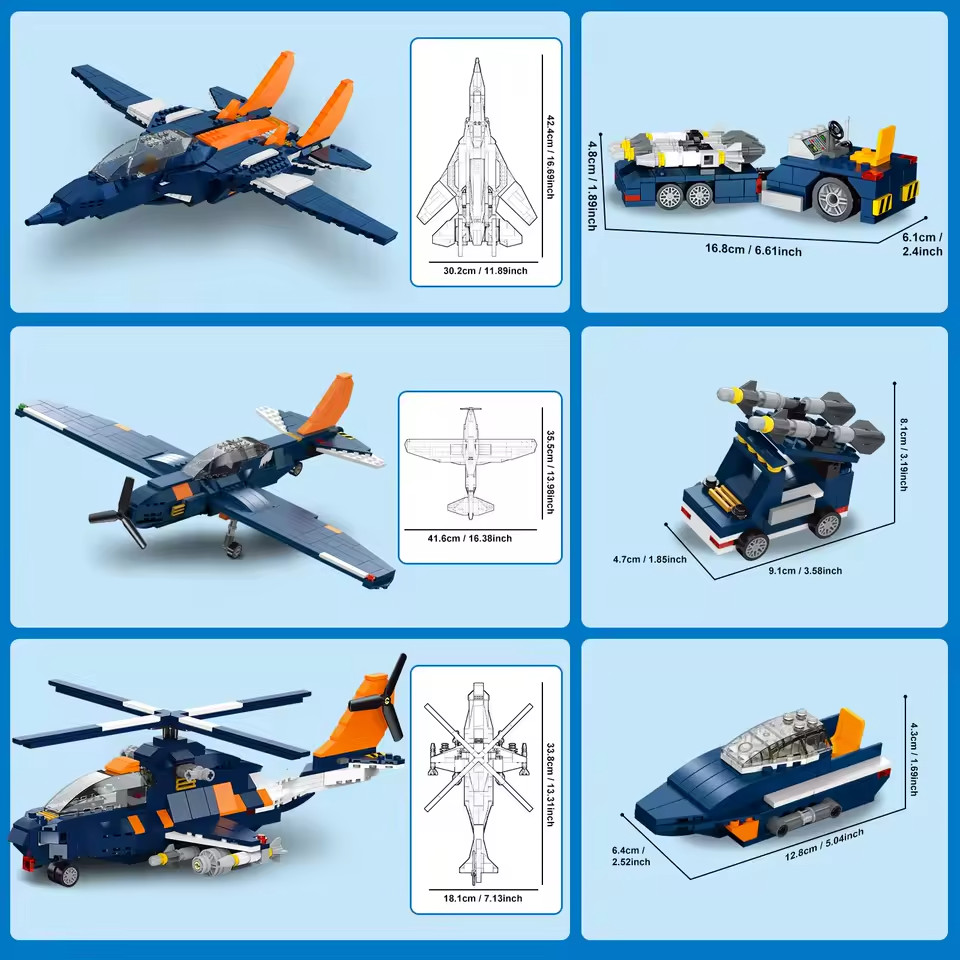 HOGOKIDS 3 in1 Fighter Jet Plane Building Sets Military Propeller Aircraft Gunsh