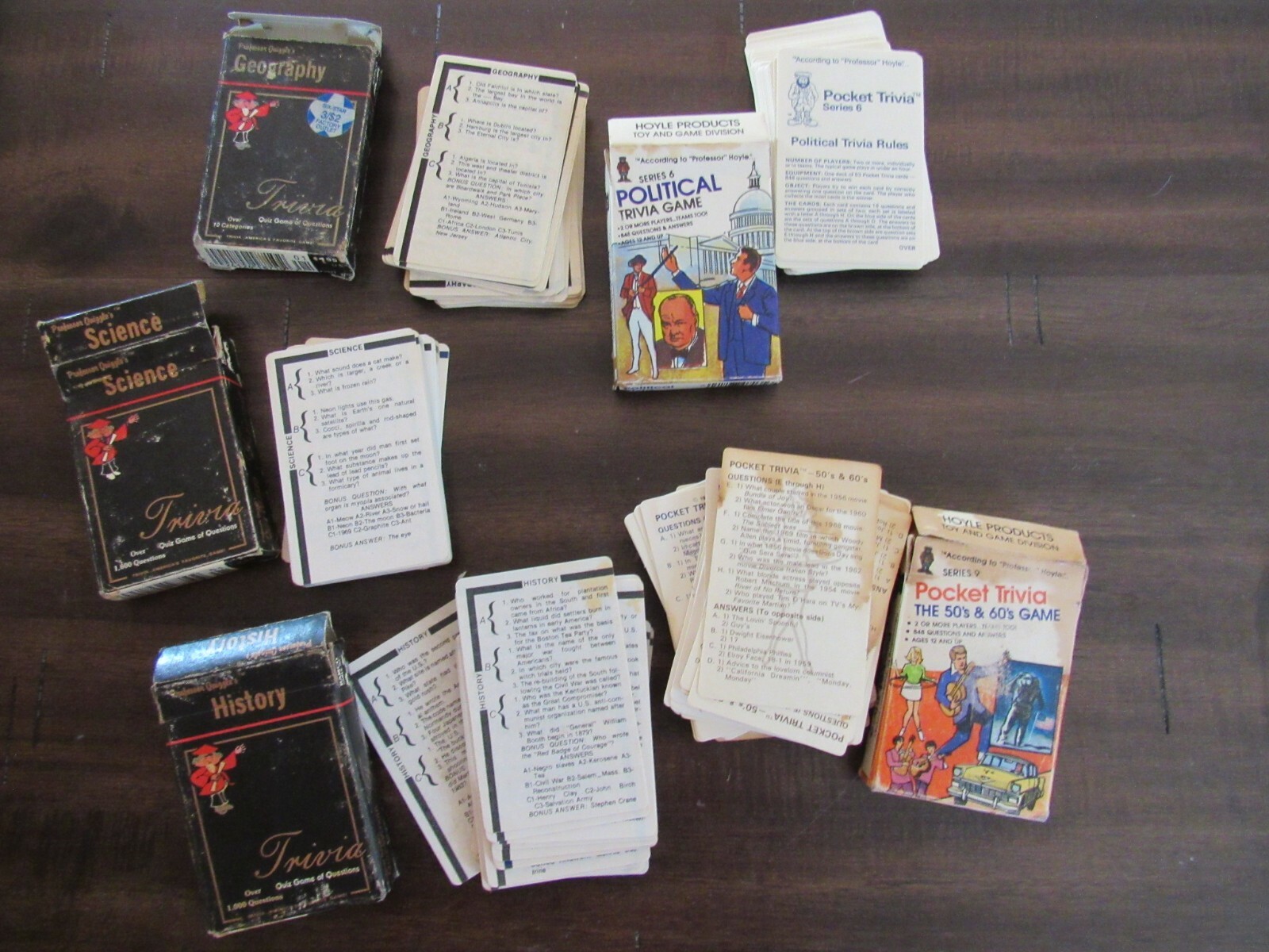 Lot 5 Vintage Trivia Card Games-Hoyle Pocket-Professor Quizzle’s-1984-1980’s