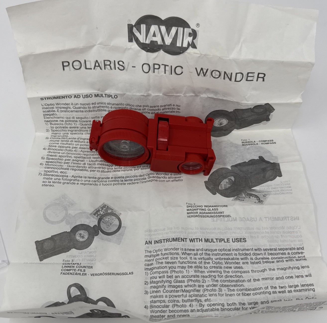 Vtg Navir Polaris Original Optic Wonder 4010 Red Binoculars, Compass, Magnifier