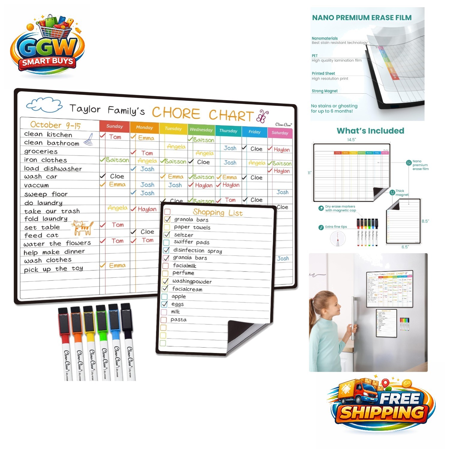 Multi-Functional Magnetic Chore Chart with 6 Markers & List Board – 14.5″x11″