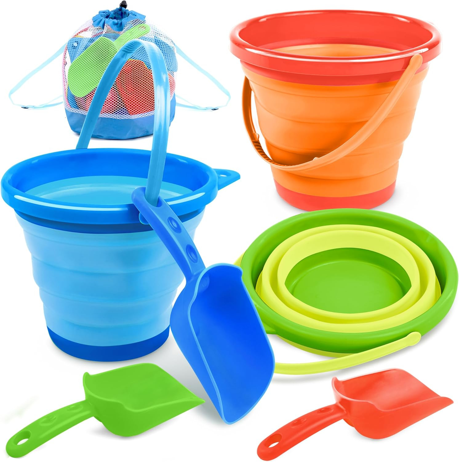 3 Packs Foldable Pail Bucket with Shovels & Mesh Bag, Collapsible Buckets Multi