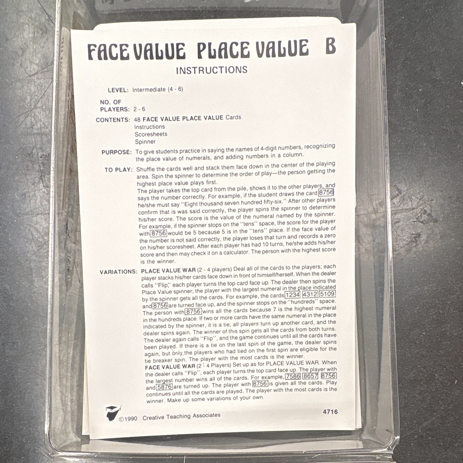 Creative Teaching Associates Face Value Place Value B Math Game Cards MPN 4716