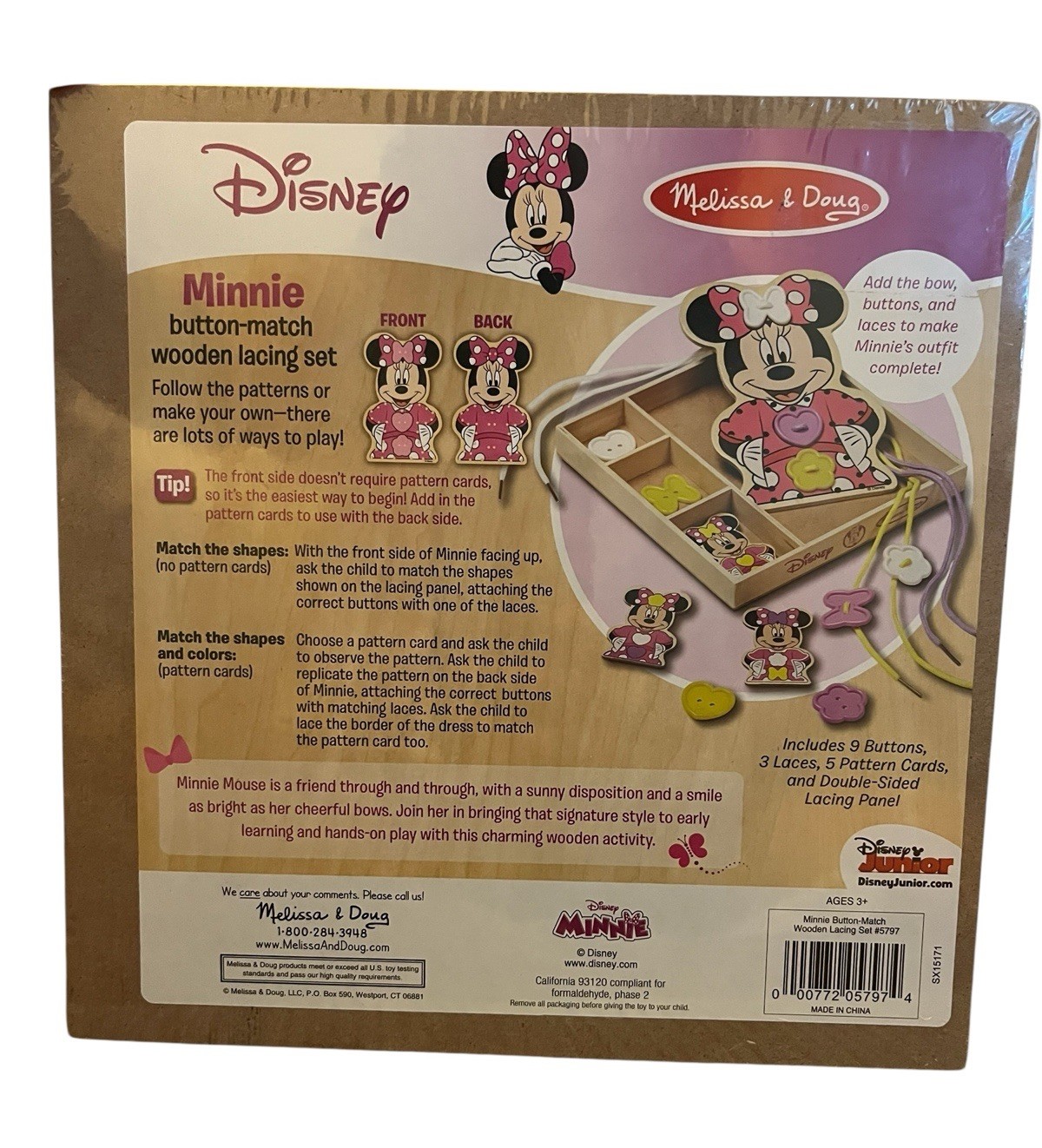 Melissa & Doug Disney Minnie Mouse Button-Match Wooden Lacing Set NEW
