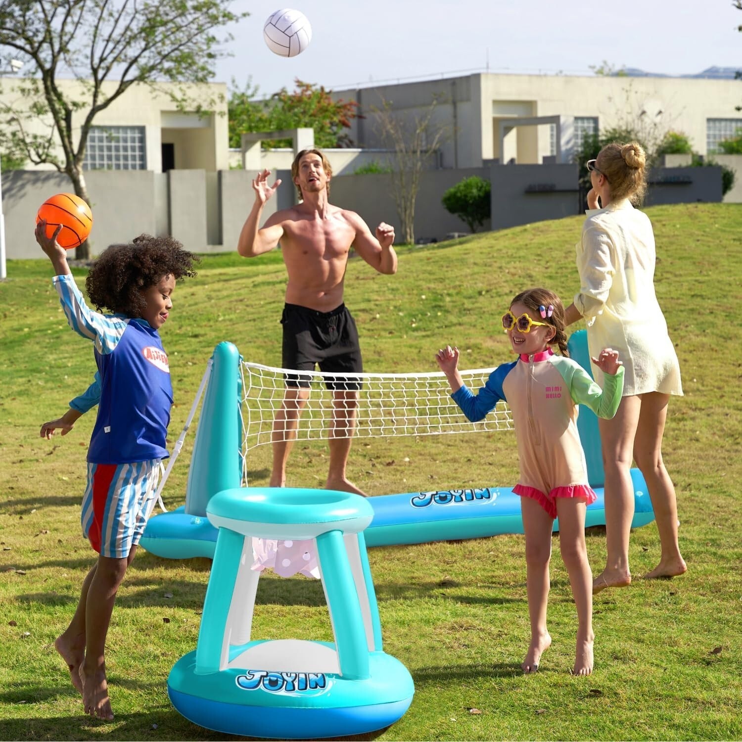 JOYIN XL Inflatable Pool Float Set, 125” Volleyball Net & Basketball Hoops,
