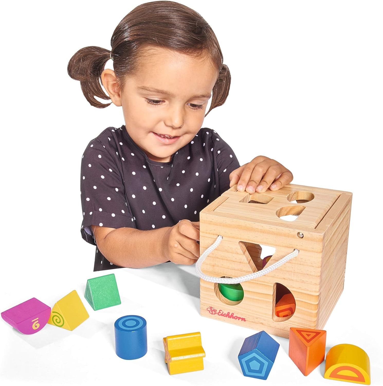 Eichhorn Wooden Shape Sorting Cube with 12 Colourful Blocks with Number and Lett