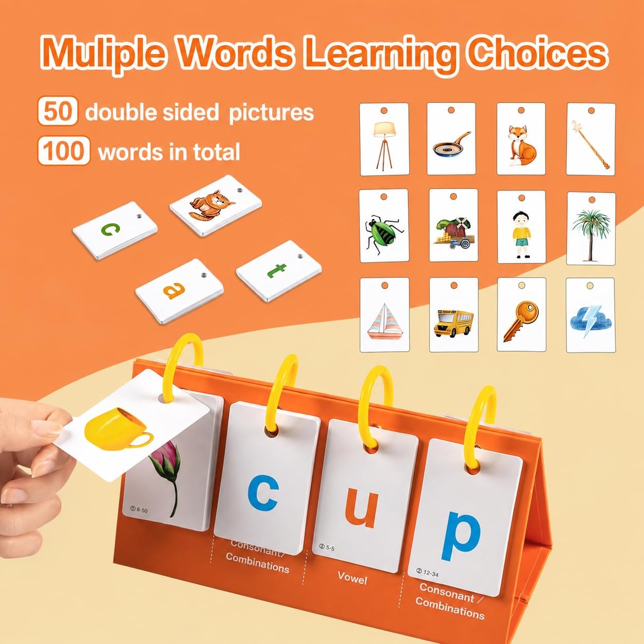 Alened Phonics Flash Cards for Kids 3-8, Sight Words 4″×8.2″, Orange