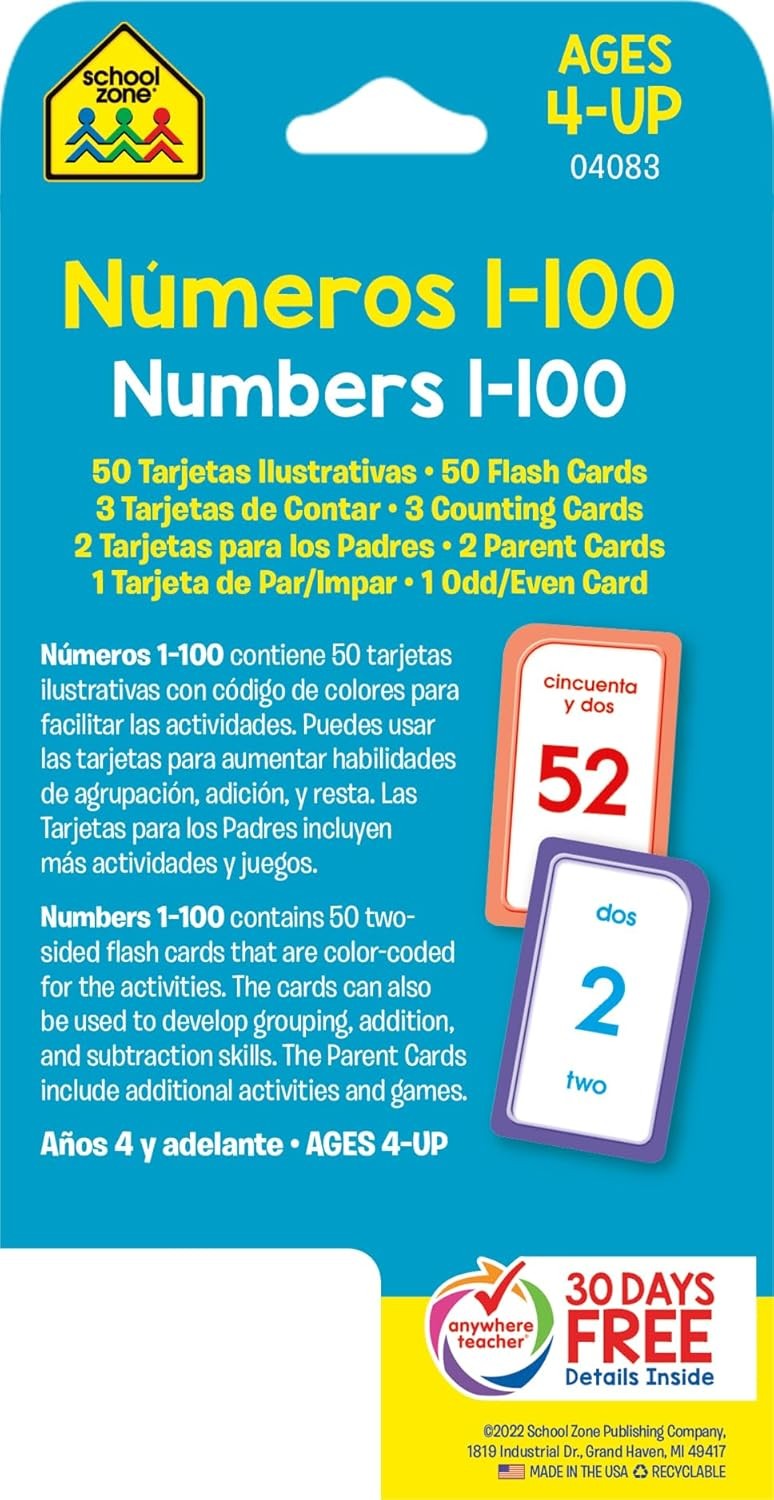 School Zone – Bilingual Numbers 1-100 Flash Cards – Ages 4+, Preschool to