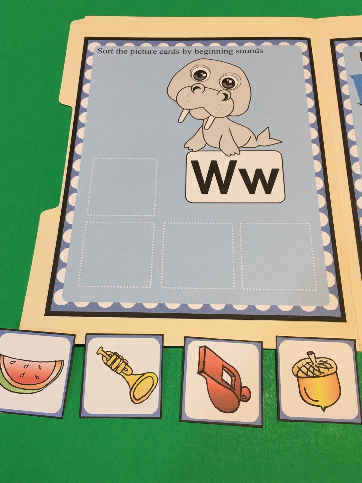 Wally Walrus – Letter Ww – DIY File Folder game – Printed / Uncut