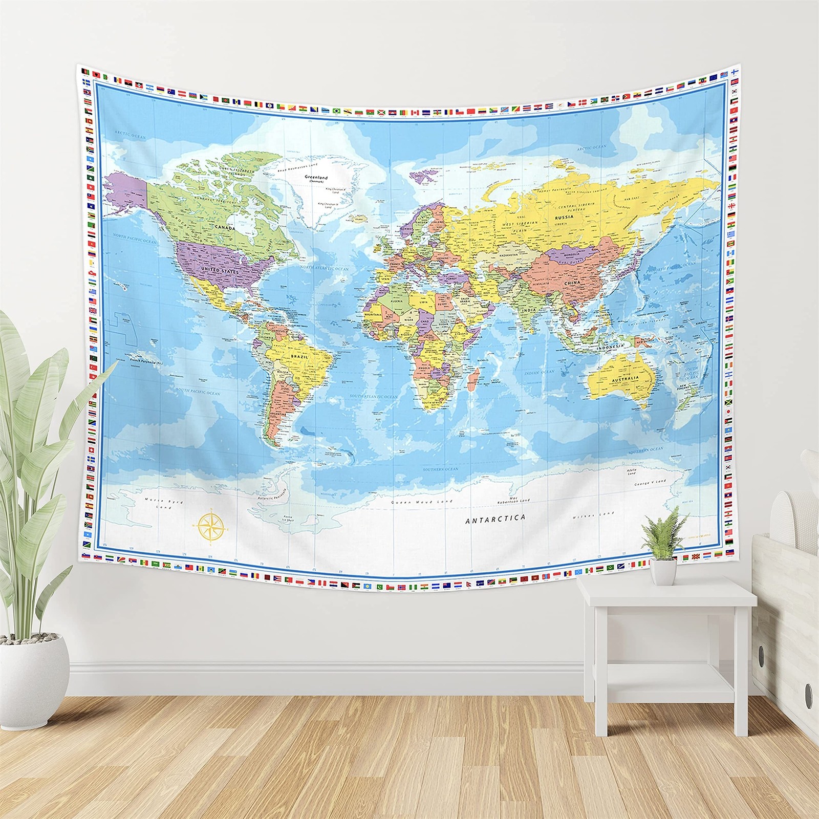 Large World Map Tapestry Wall Hanging For Kids Educational With Country Flags…