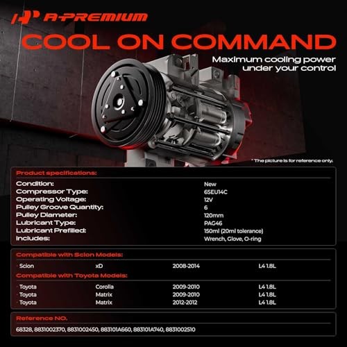 Air Conditioner AC Compressor with Clutch for Toyota Corolla 1.8L 2009-2010, Mat