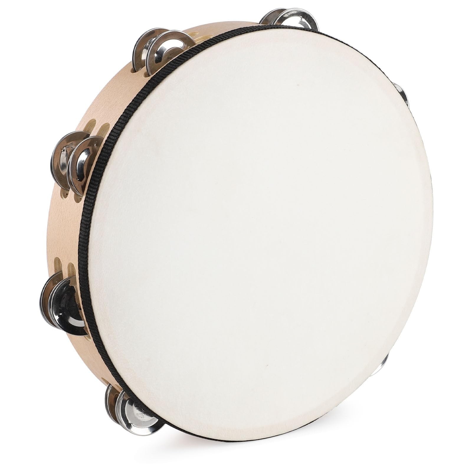 LIEKE Goatskin Tambourine 10 Inch Beechwood Hand Held Drum for Adult with 8 P…