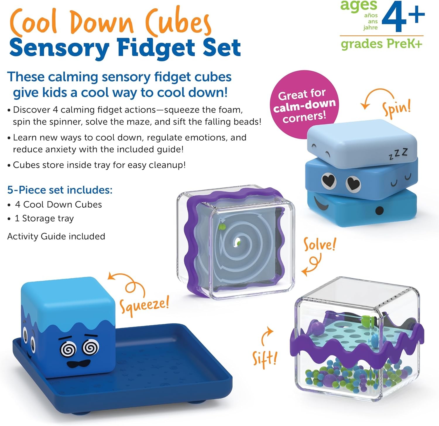 Learning Resources Cubi Sensoriali Antistress Set di 4, età 3+, Giocattoli senso