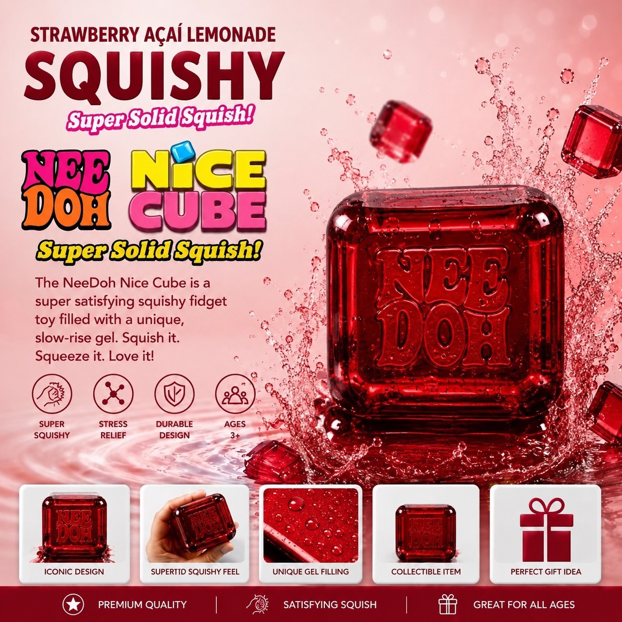 NeeDoh Cherry Red Nice Cube Squishy Stress Relief Sensory Fidget Toy, See Video!