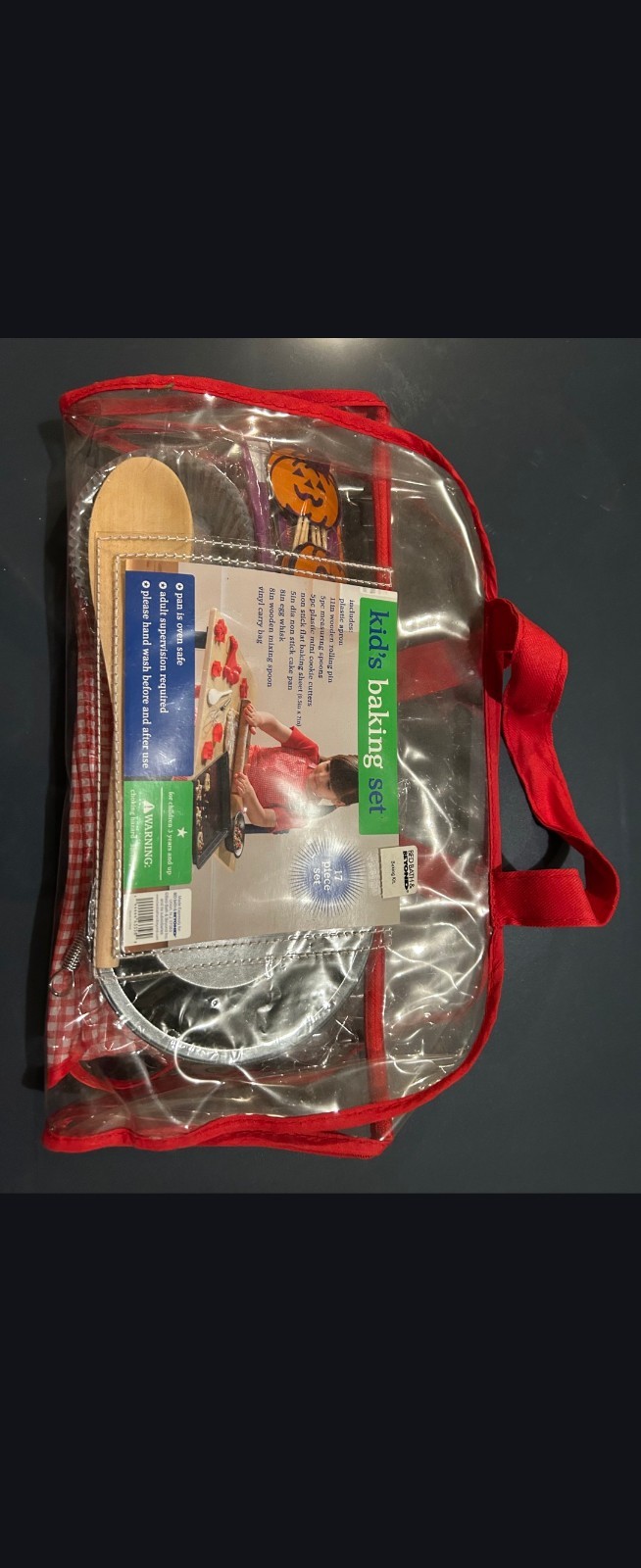 Handstand Kids Baking Set Apron Whisk Spoon Cookie Cutters Red Carry Bag