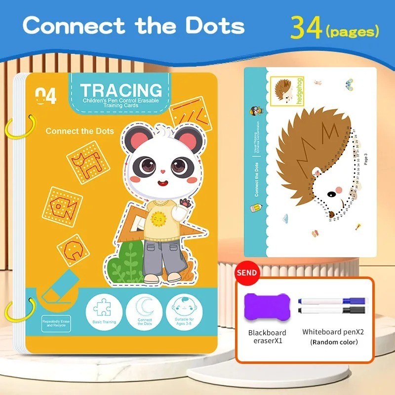 34-Page Kids Workbook Reusable Erasable Pen Early Learning Drawing Writing