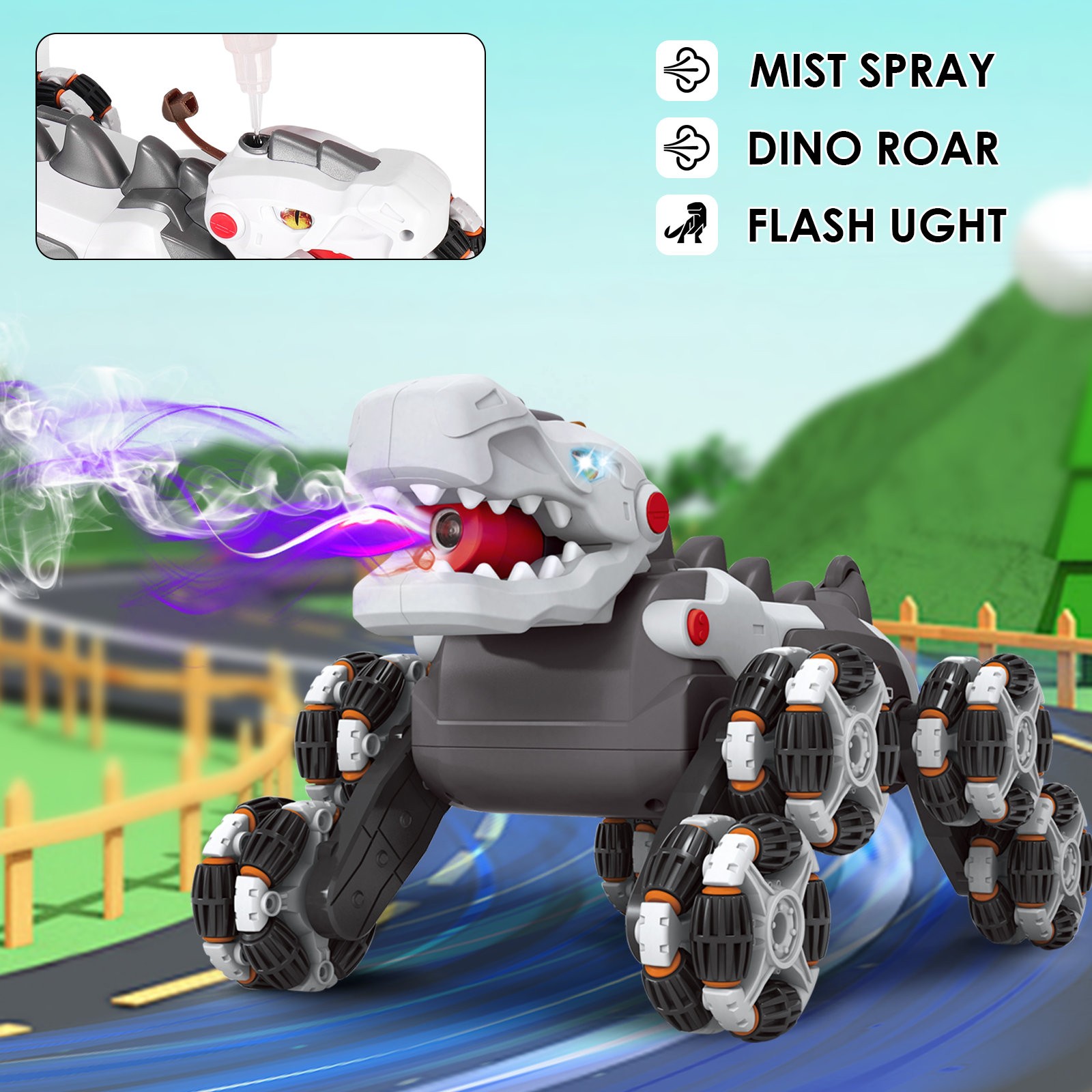 8 Wheels Dinosaur Transform RC Stunt Ca RC w/ Transforming&Spray & 360° Rotation