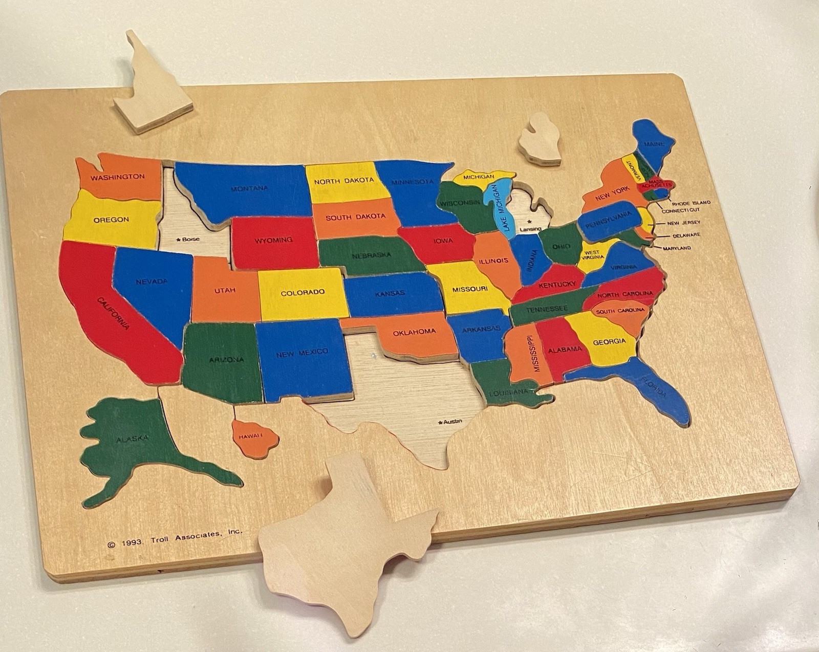50 State USA wood Map Puzzle Kids Interactive Toy Learning 1993 Troll Associates