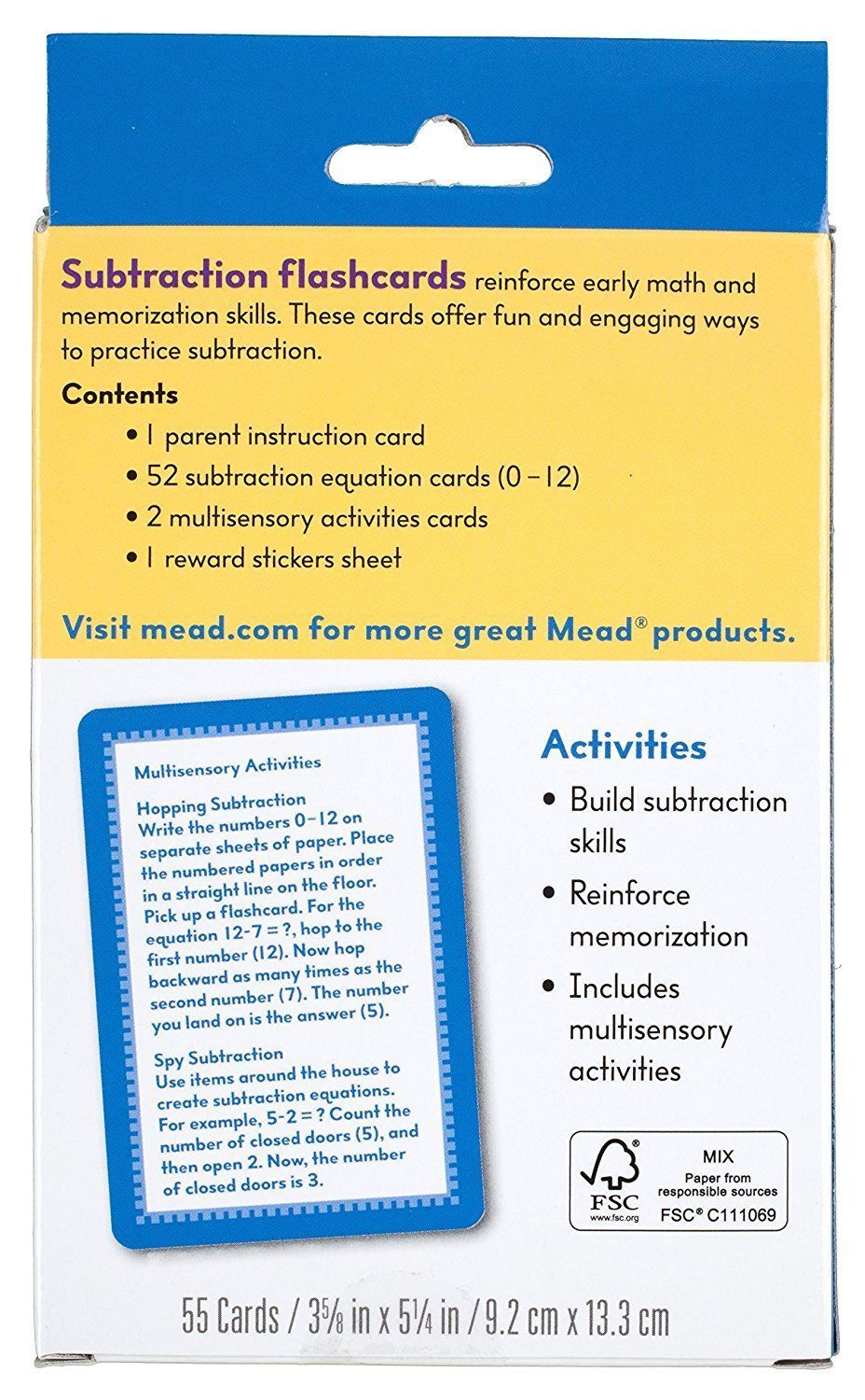 MEAD SUBTRACTION FLASHCARDS / 55 CARDS & REWARD STICKERS GRADES K-3