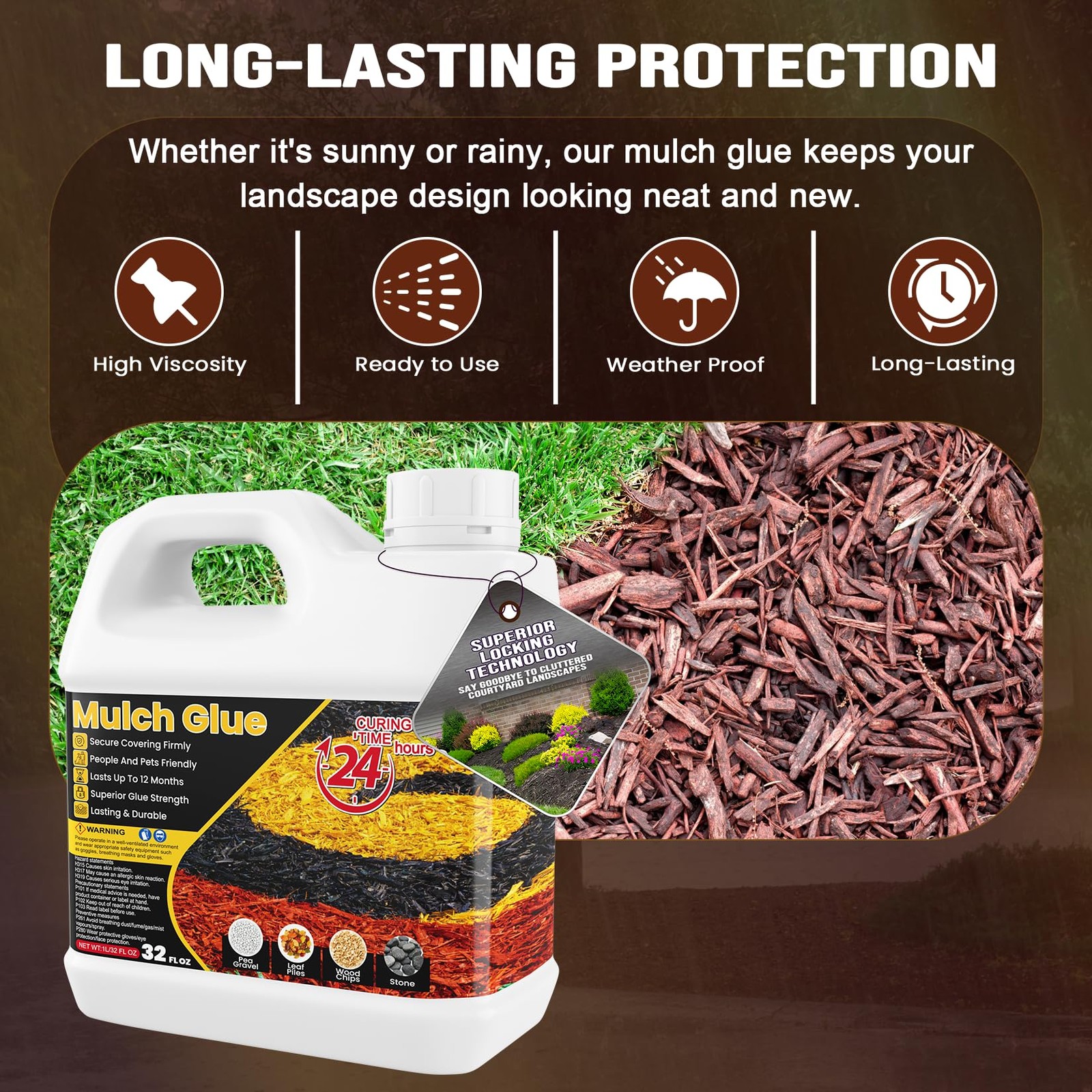 Mulch Glue – 32 OZ Rubber Mulch for Landscaping, Pet Safe Rock Glue | Ground Cov