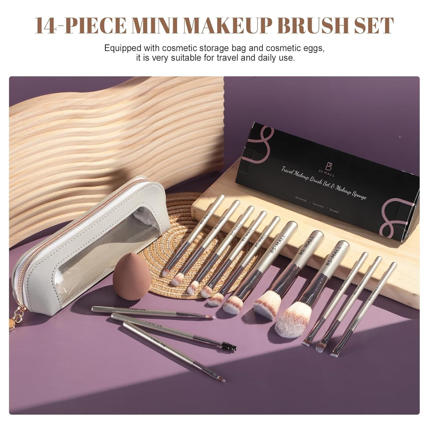Travel Makeup Brush Set BS-MALL 14 Pcs with 1 Pcs Makeup Sponge – Essential Foun