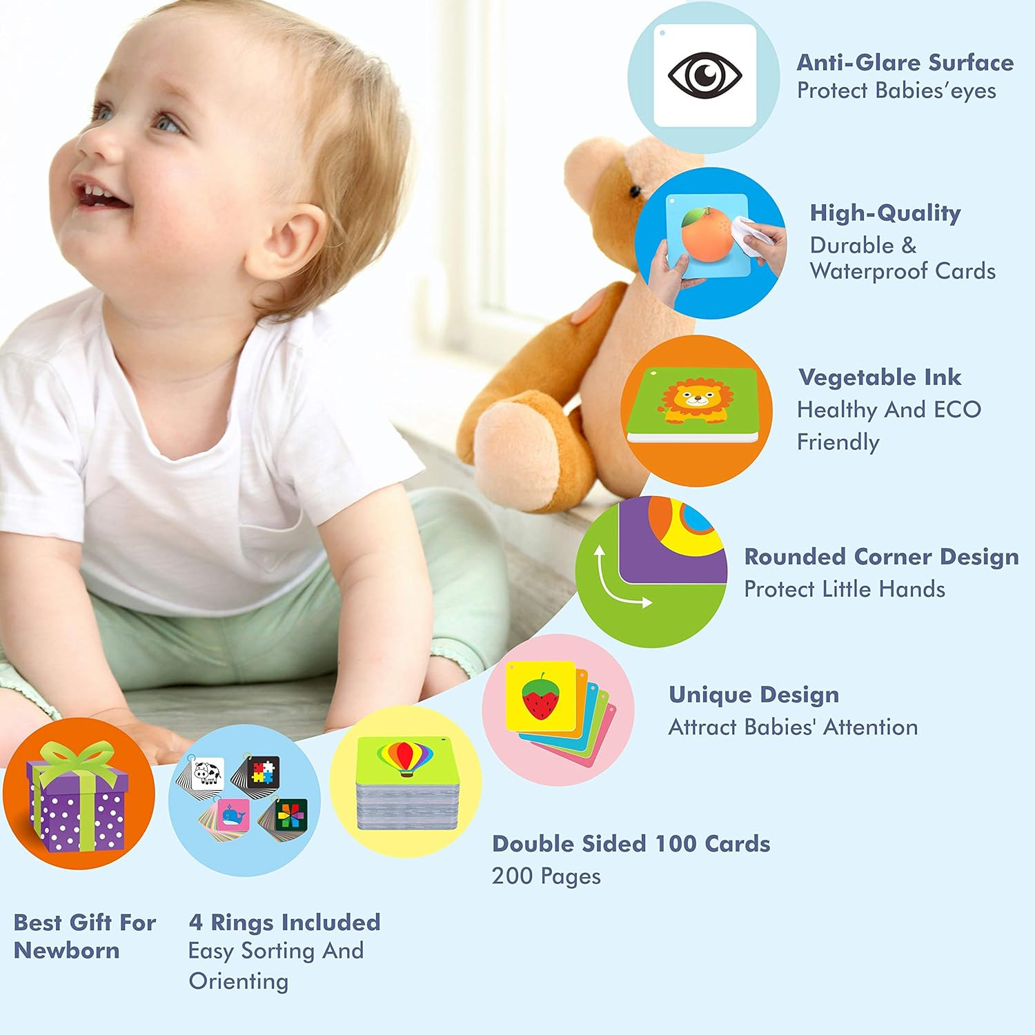 100 PCS 200 Page Black White Colorful 3D Visual Stimulation Baby Flashcard for N
