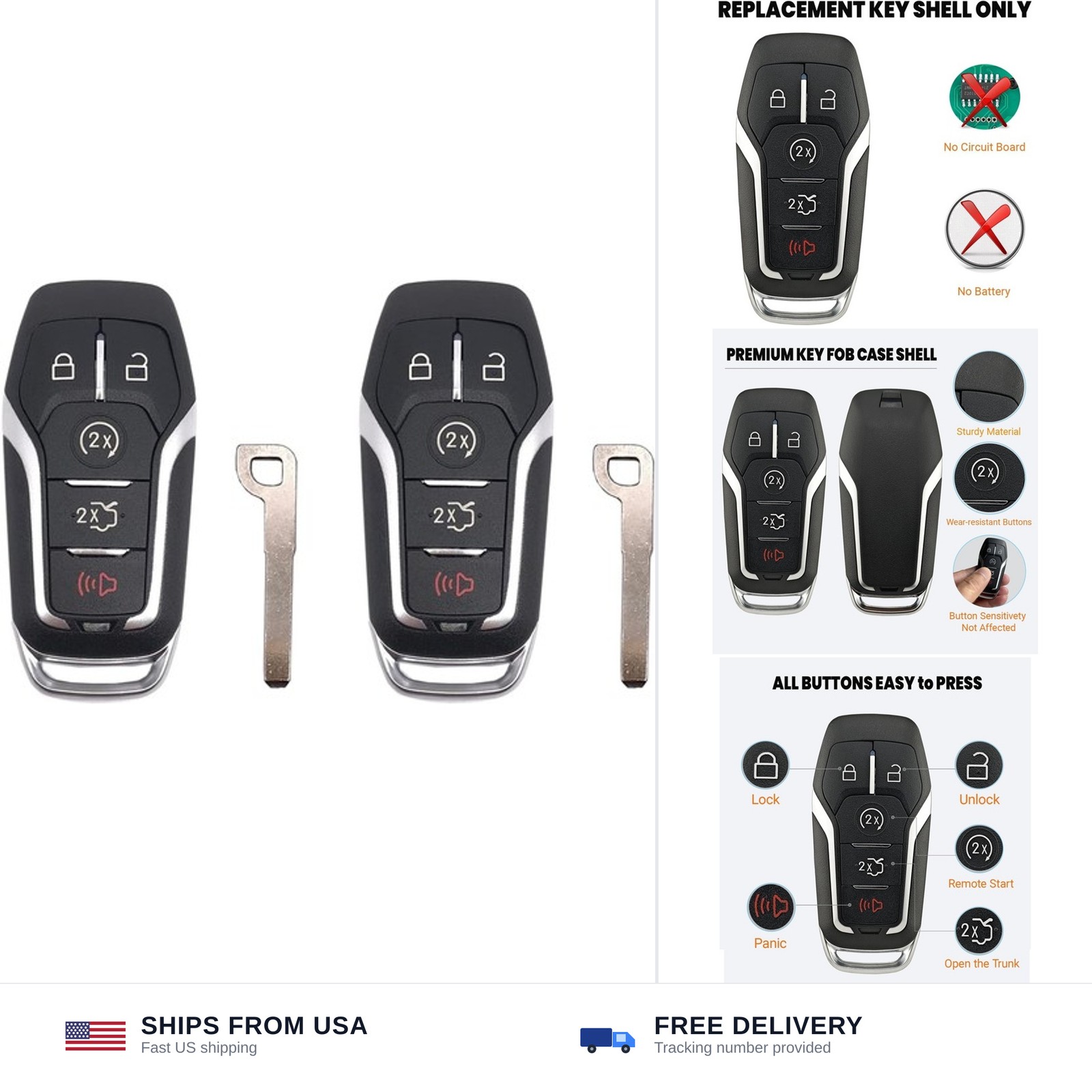 2pcs Remote Key Fob Case Shell Cover Fit for Ford Explorer Edge Mustange Fusi…