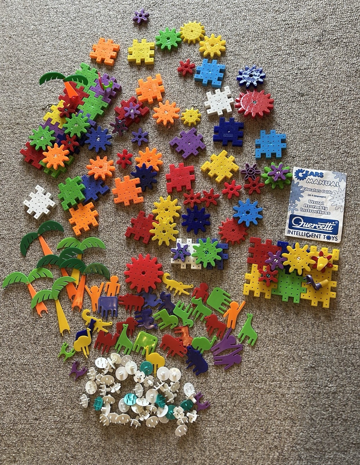 Quercetti Building Blocks-Lot Of Over 100 Pieces Gears Cranks Circus Animals