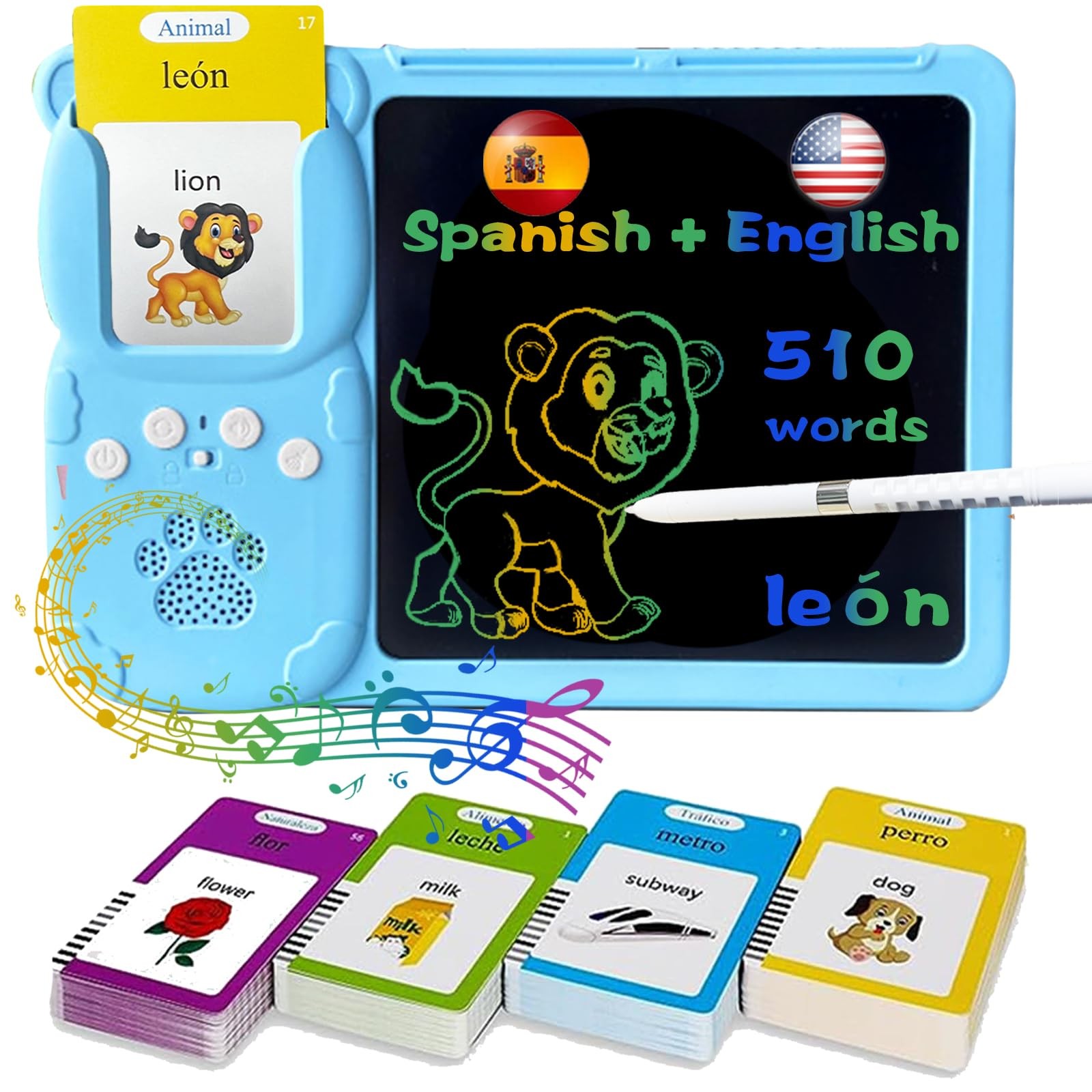 Talking English & Spanish Flash Cards – 8″ LCD Writing Tablet for Kids 3-12, …
