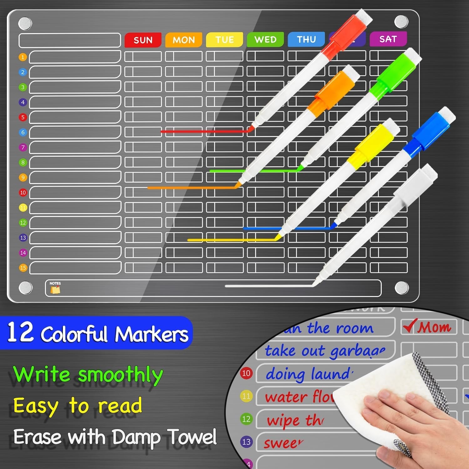 Large Acrylic Magnetic Chore Chart for Families – 16″x12″ Dry Erase Board, 12 Ma