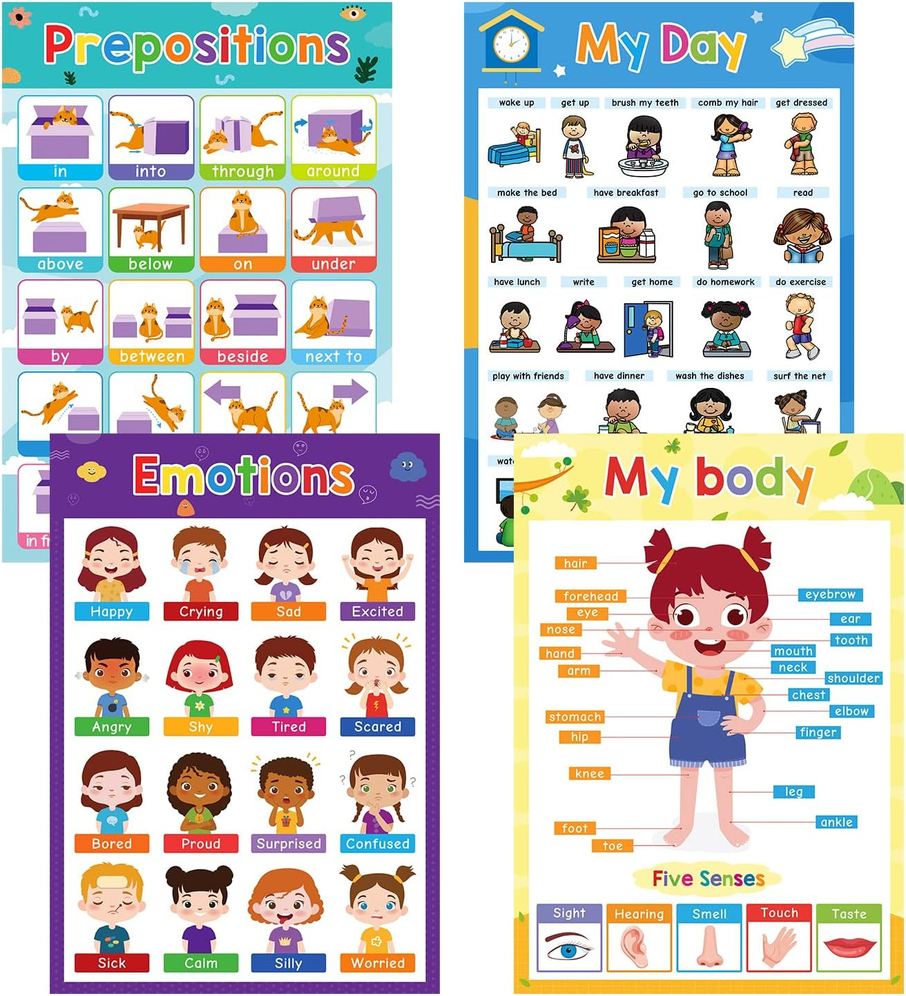 Educational Posters for Kids, Set of 4 A3 Size, My Day, Emotions, My Body, Prepo