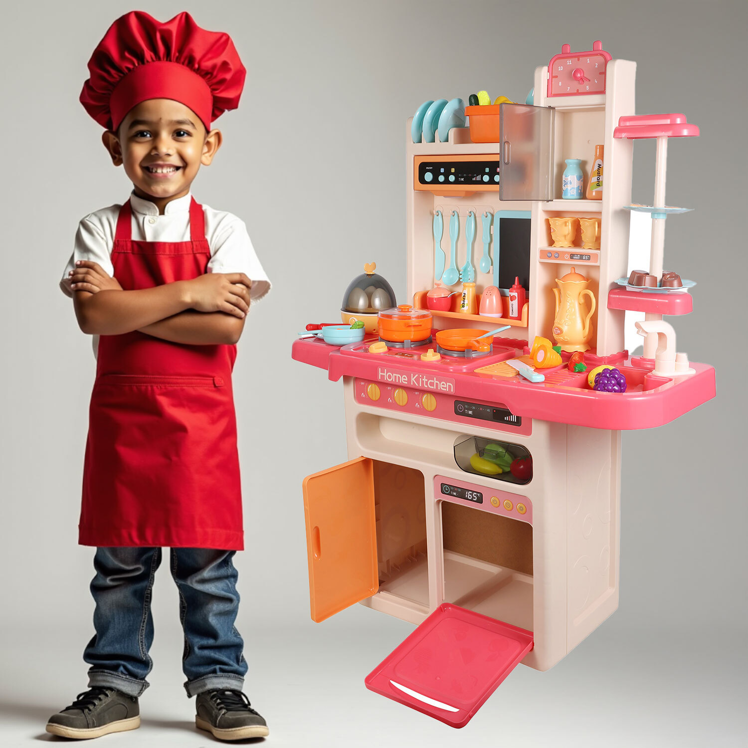 Realistic Kitchen Toy Set for Kids with Lights, Music, Steam & Accessories 65Pcs