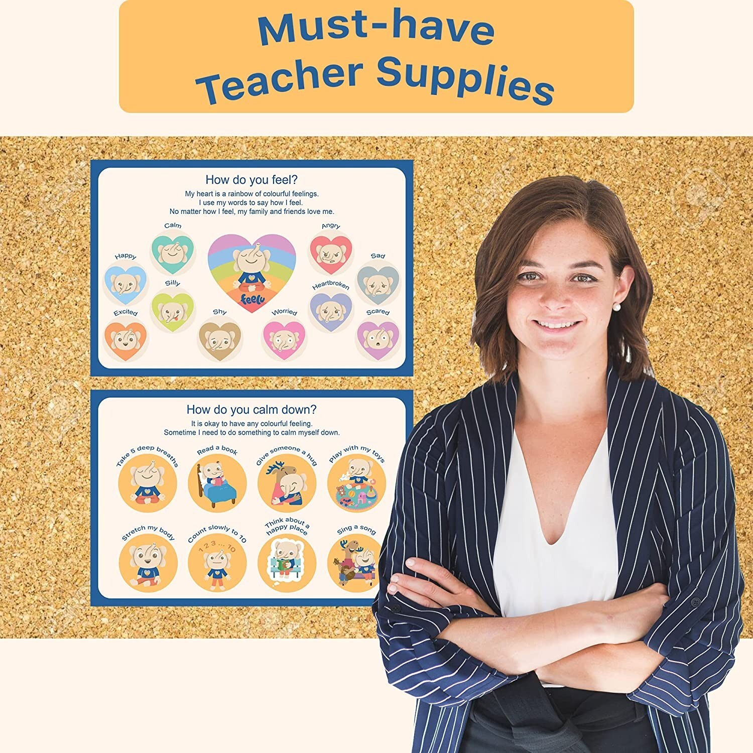 Feelings Chart For Kids – Calming Poster – 2 12”x18” + 6 Emotion Stickers