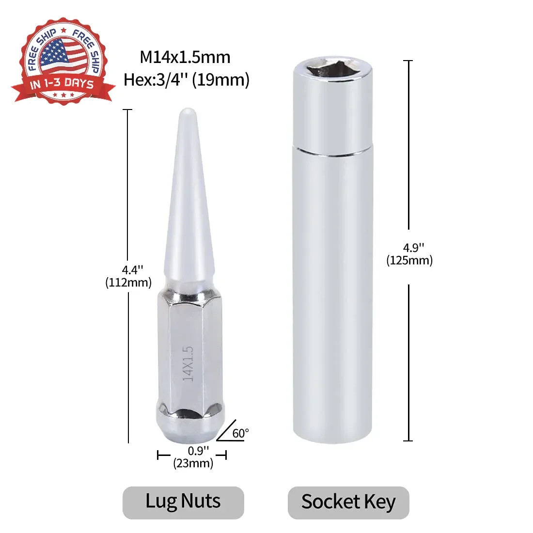 M14x1.5 Lug Nuts 14×1.5 Spike Lug Nuts M14 x 1.5 Spiked Lug Nut Chrome Set of 24