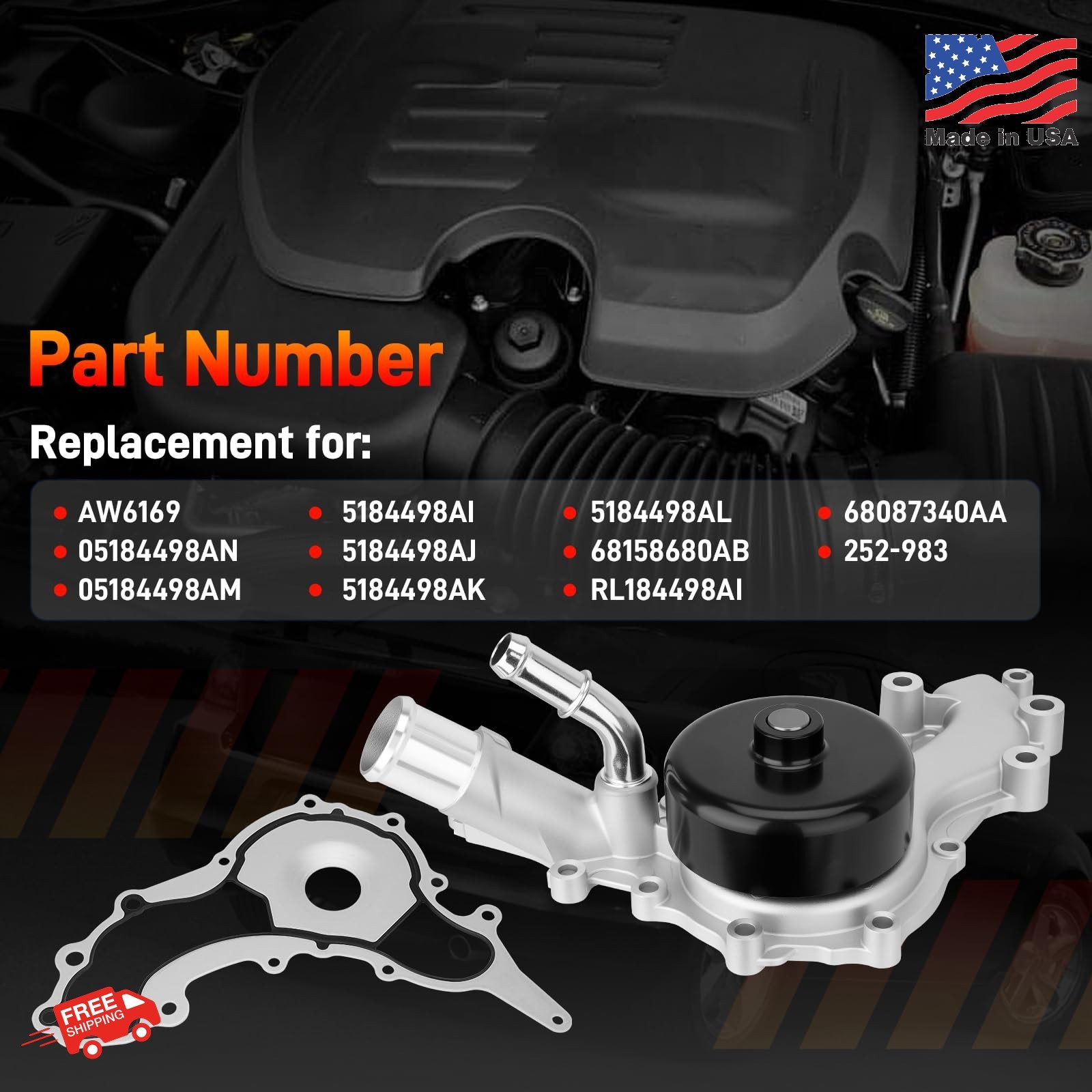 AW6169 Water Pump w/Gasket Compatible with 2011-2019 Dodge Chrysler Jeep Ram 3.6