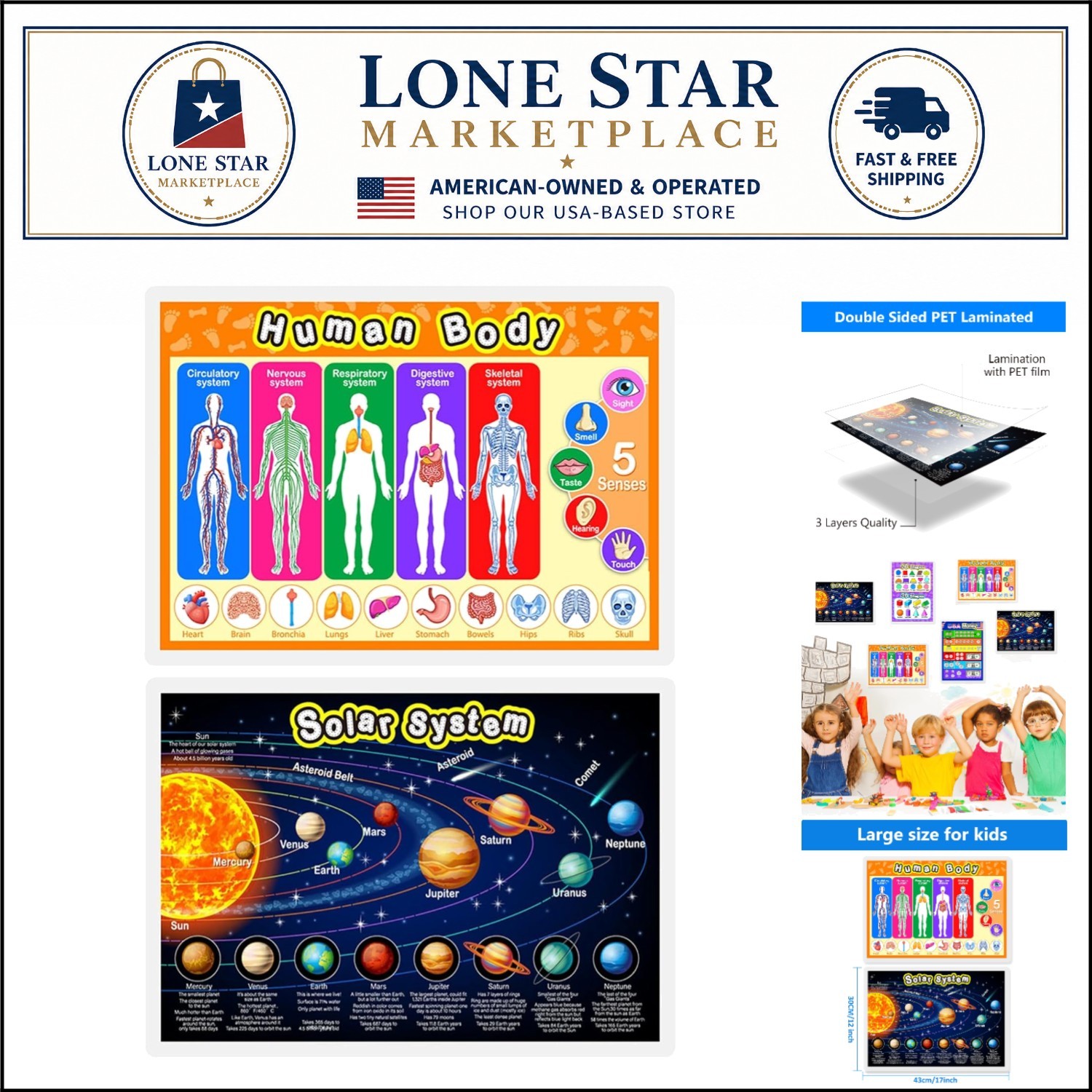 Bright 2-Pack Learning Posters: Solar System & Human Body for Homeschooling