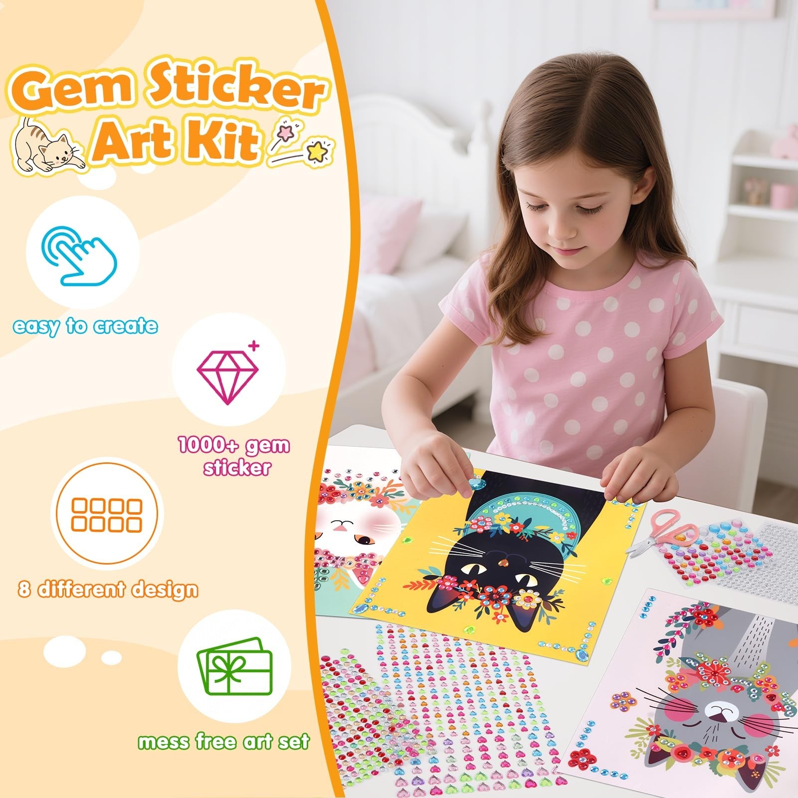 Gem Art Sticker Kit, Arts and Crafts for Kids Age 4-12, 8 Cat Themes Diamond …