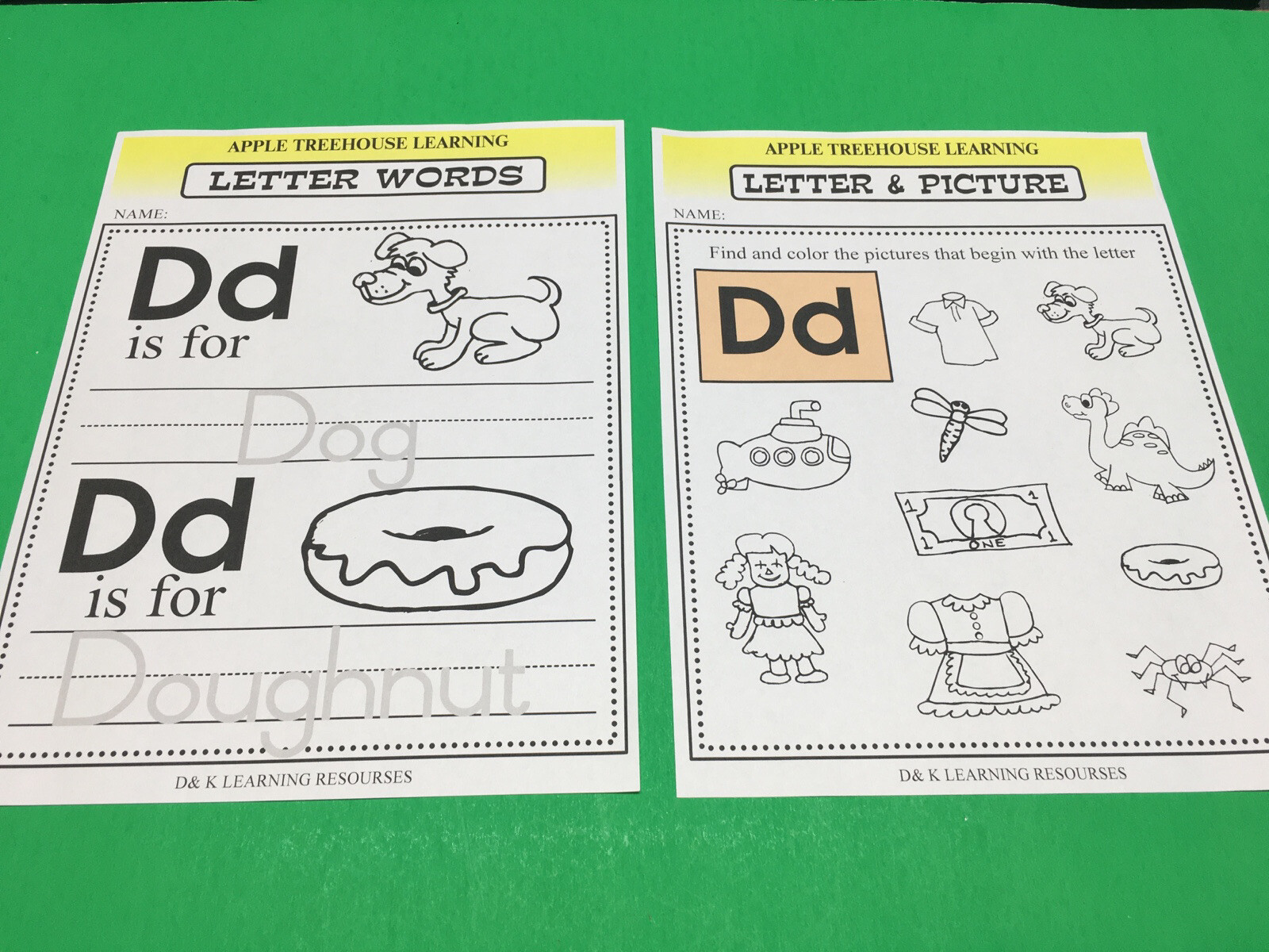 Letter Dd -Apple Treehouse Worksheets – Preschool Teaching supplies 20pgs