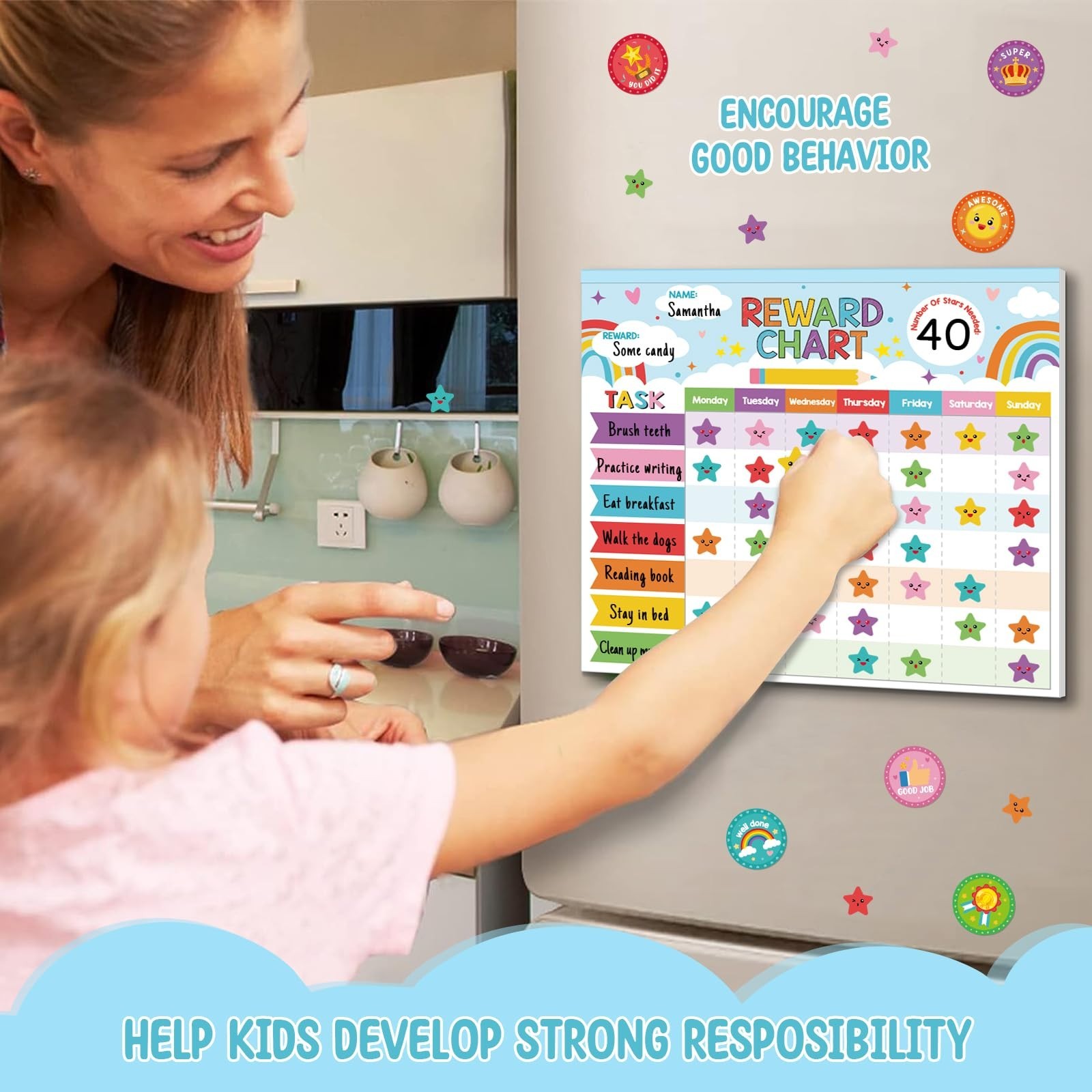 Magnetic Reward Chart for Kids – 26 Rainbow Chore Charts & 1960 Stickers – Devel