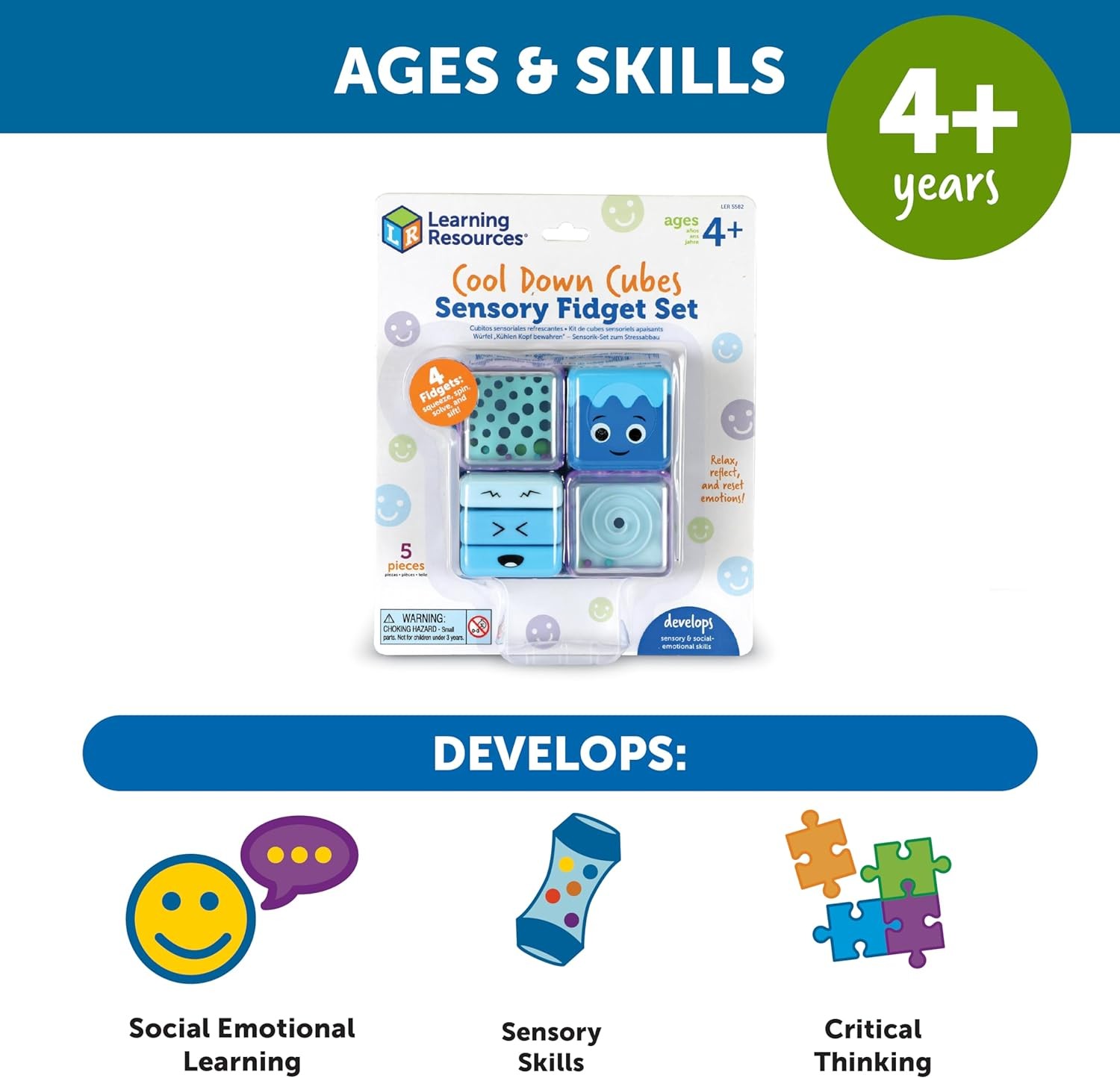 Learning Resources Cubi Sensoriali Antistress Set di 4, età 3+, Giocattoli senso