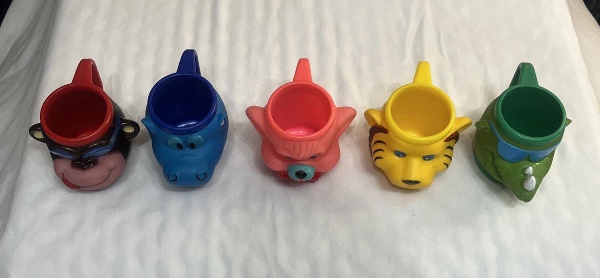 Vintage 2003 Super Duper Animal Mugs Set Of 5 Monkey Tiger Hippo Rhino Teddy