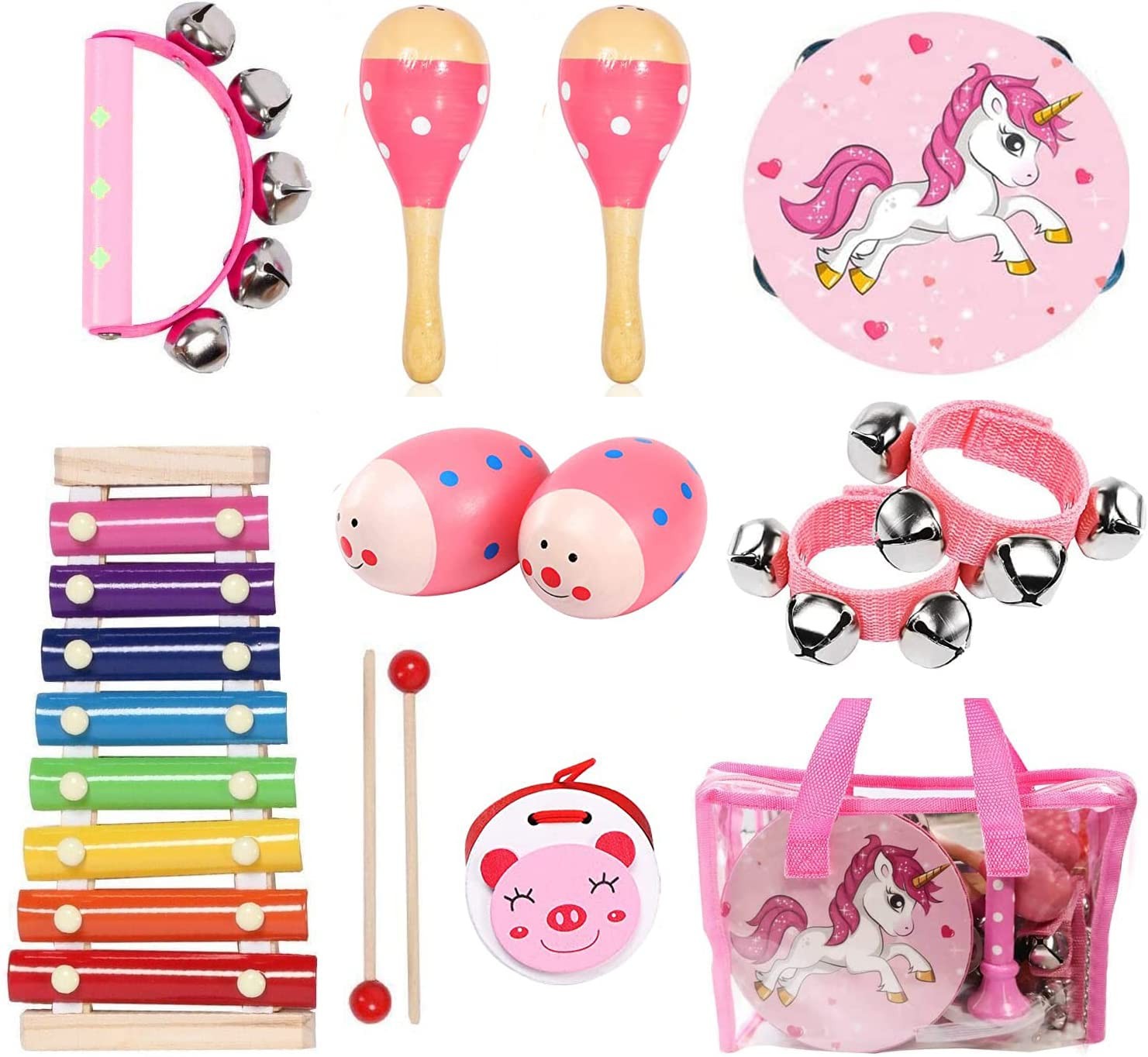 Kids Musical Instruments Sets, Non-Toxic Toy, Wooden Miniature, Pink