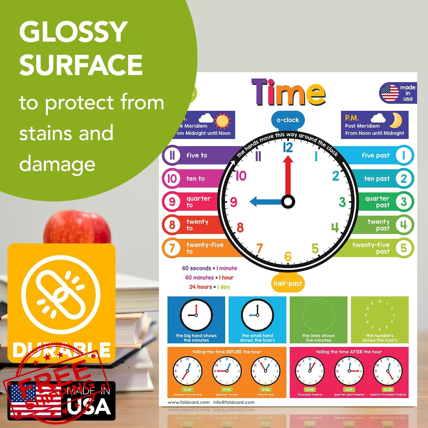Preschool Time Chart Poster, Kids Learning to Tell Time, 8.5×11 Inch 5 Pack