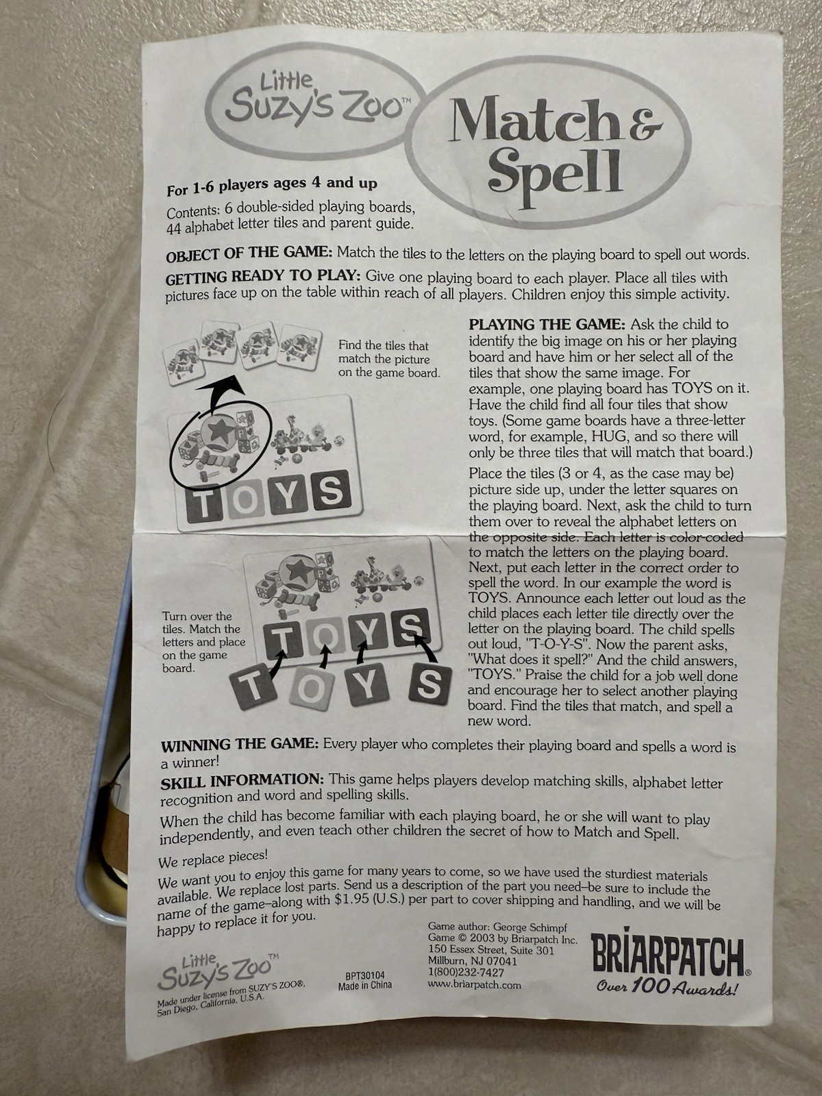 Briarpatch Little Suzy’s Zoo Match & Spell Preschool Game