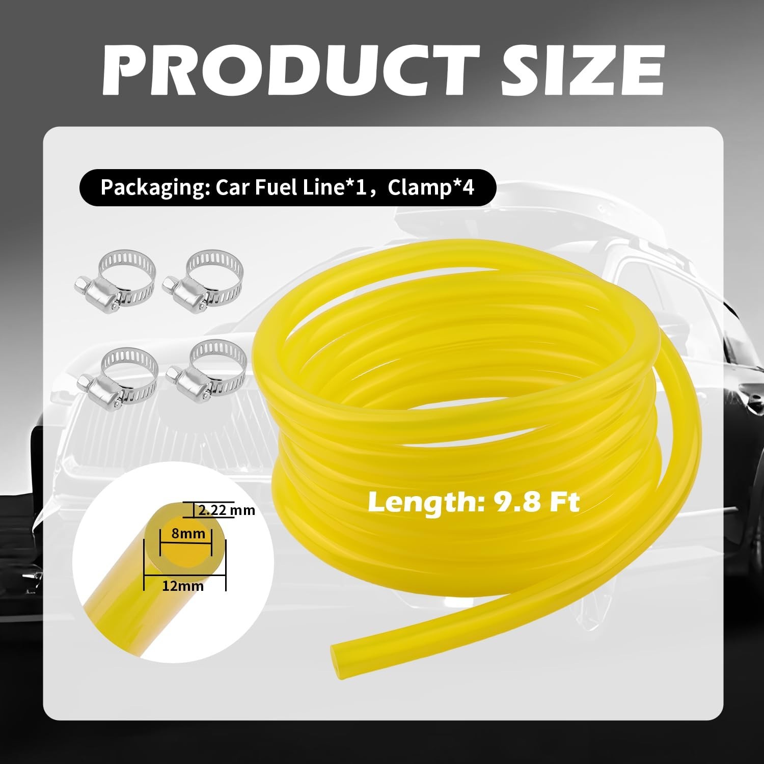 9.8Ft Rubber Car Small Engine Fuel Line Hose OD 12mm/ID 8mm with 4PCS Clamps,…