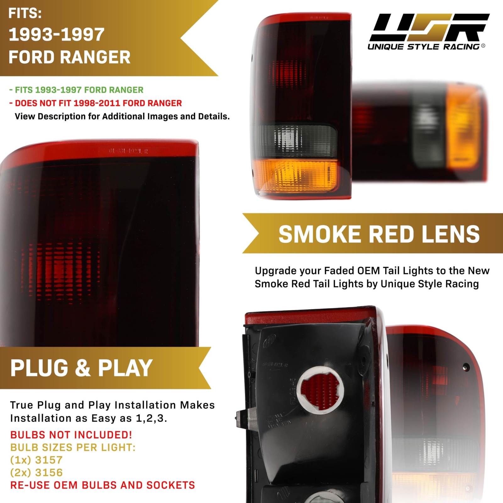 USR 93-97 Ranger Pick-Up Tail Light Set – SMOKED Tail Lamps Pair (Left + Righ…