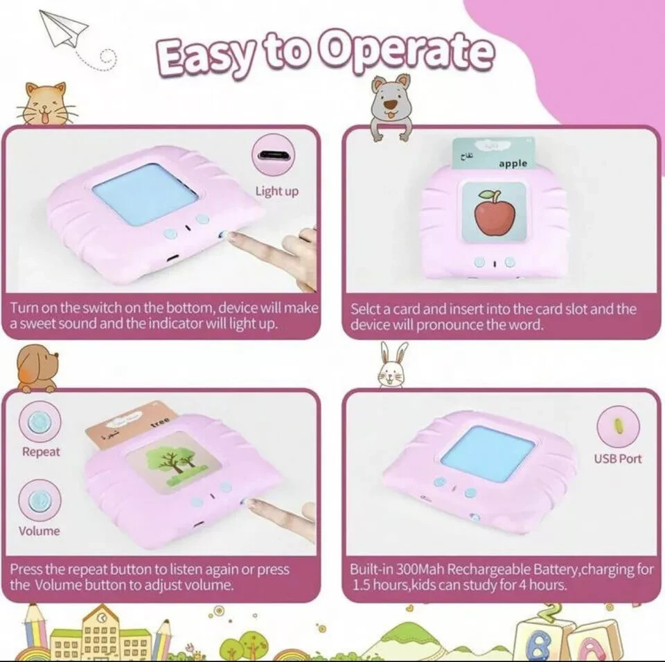 Arabic English Alphabet Talking Flash Cards For Kids (112 Cards & 224 Words)