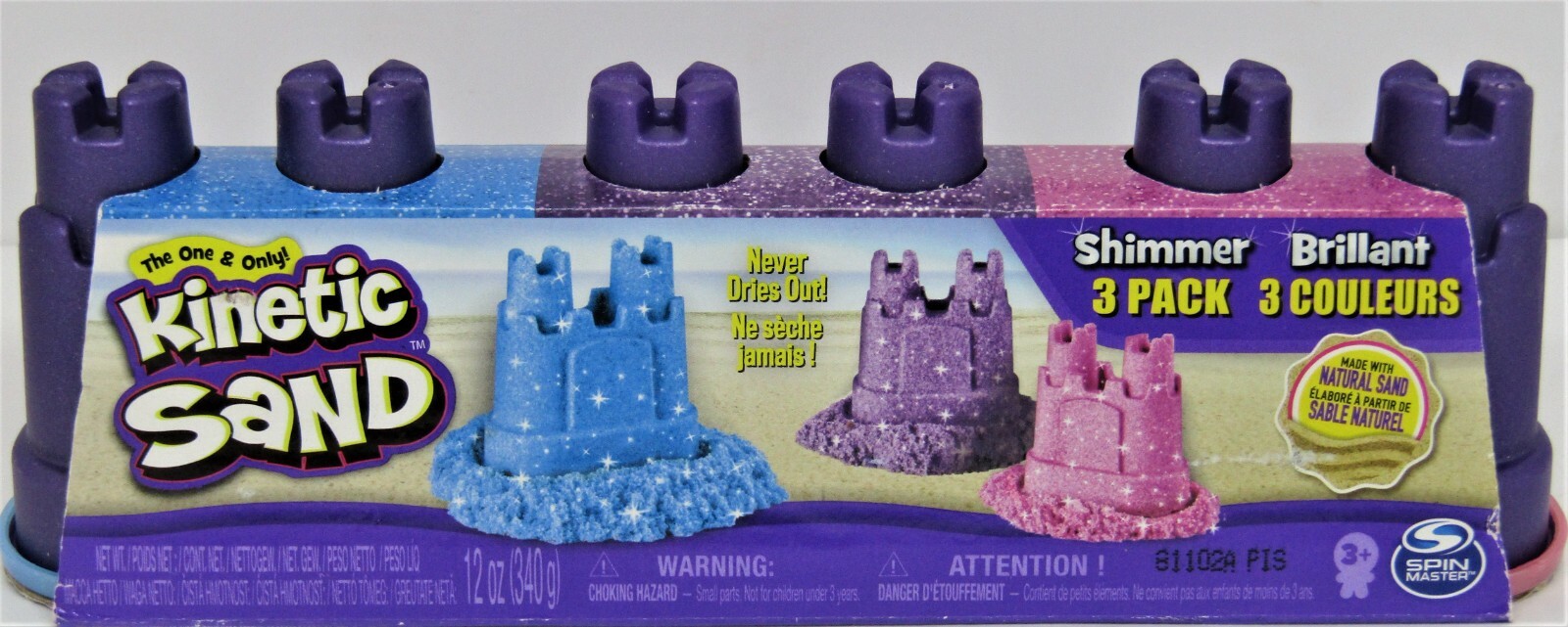 Kinetic Sand Shimmer brilliant 3 Pack Mold Build Play Castle Sand Pink/Blue/Purp