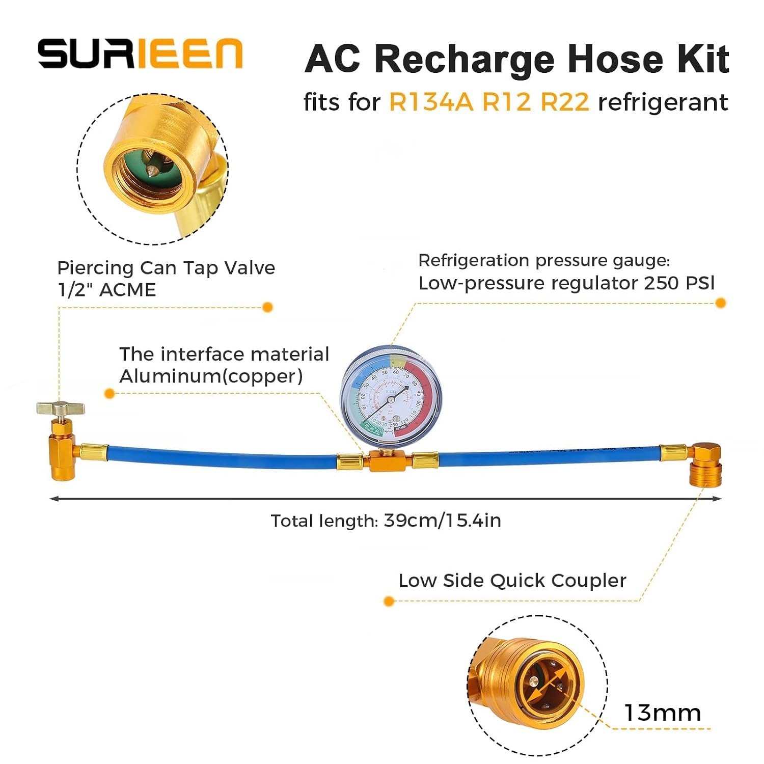 R134A AC Refrigerant Recharge Hose Kit R22 R12 with R134A Pie
