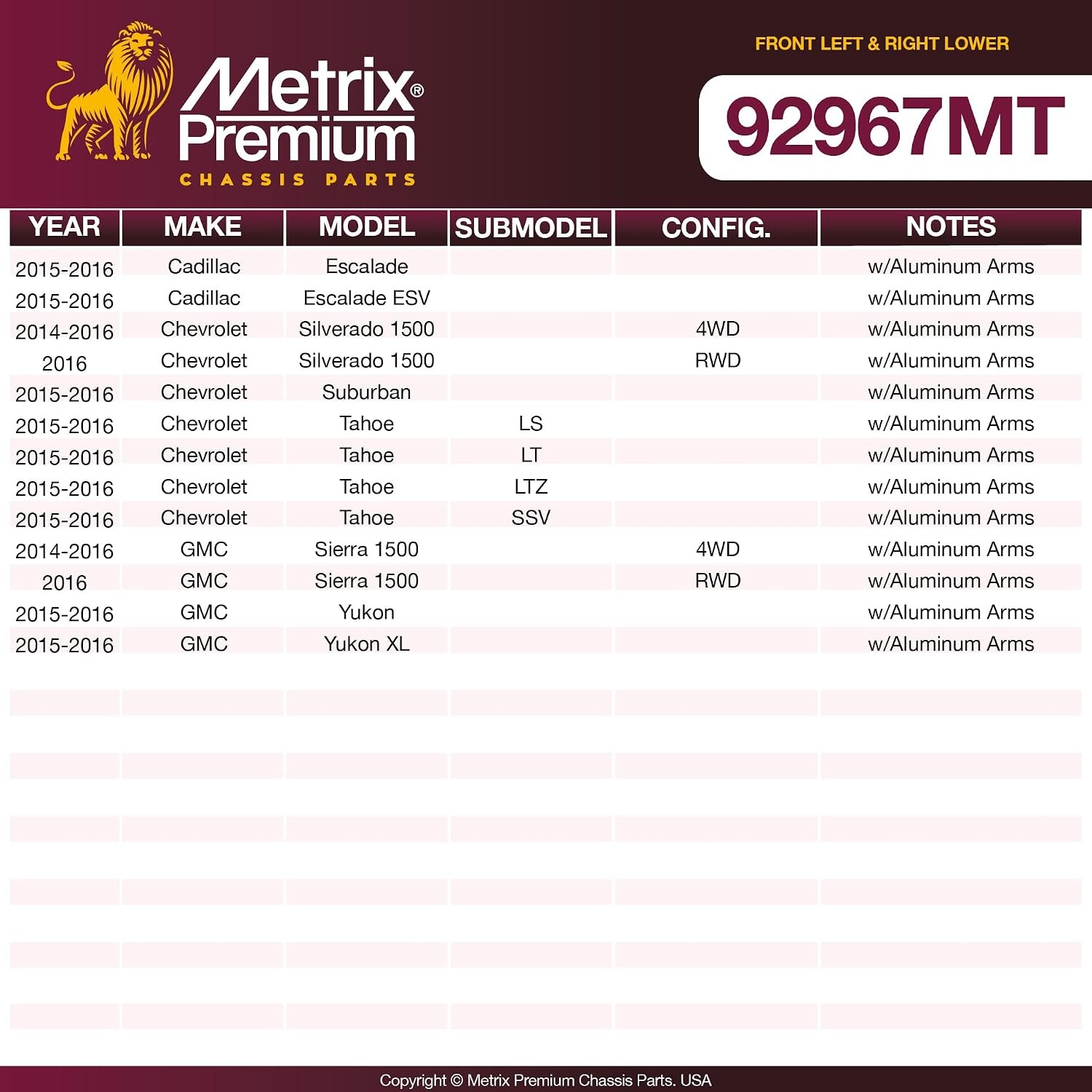 Metrix Front Left & Right Lower Control Arm Ball Joint 92967MT Chassis Parts
