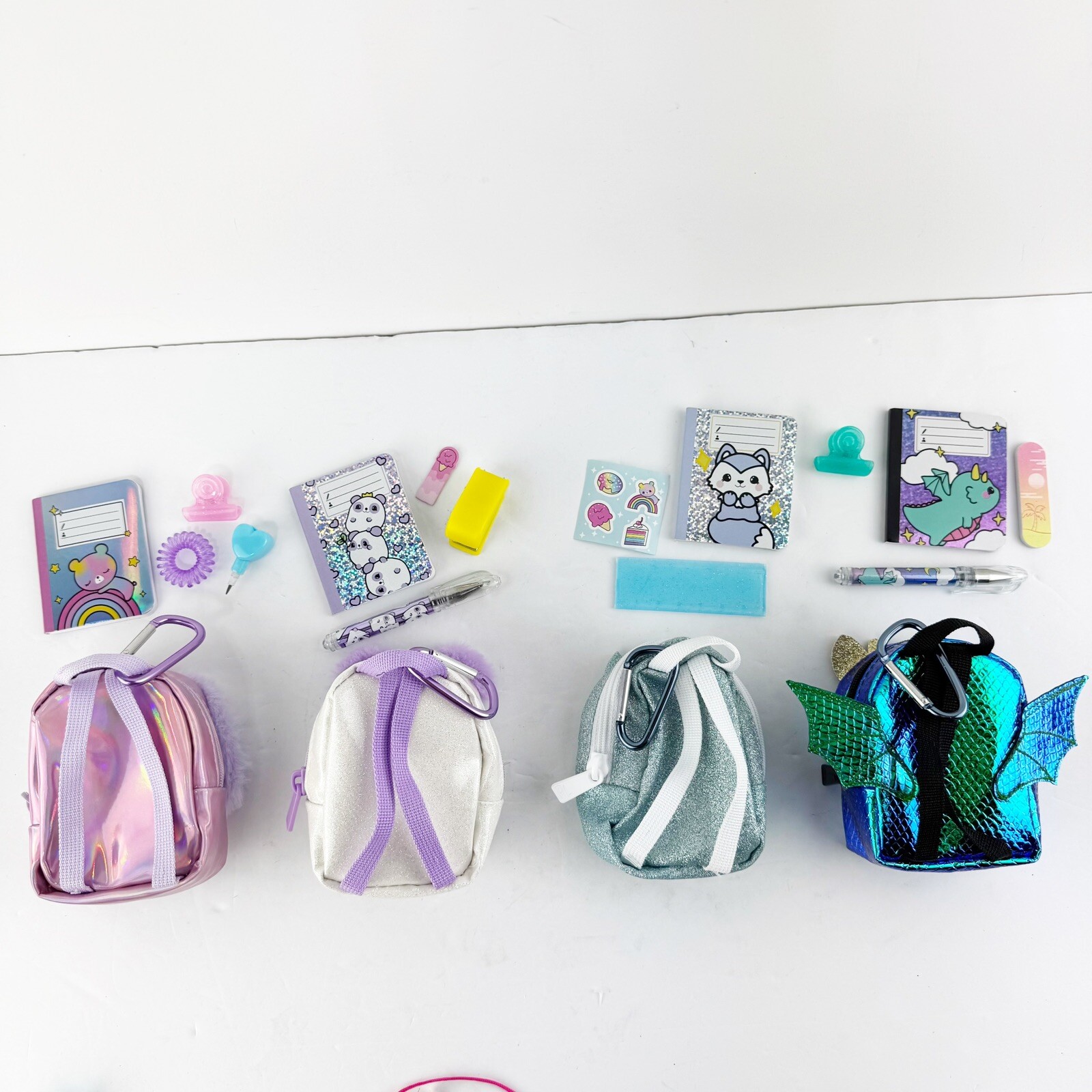 Lot of 4 Miniature Animal Backpack Clip Ons With Fun Accessories & Tools
